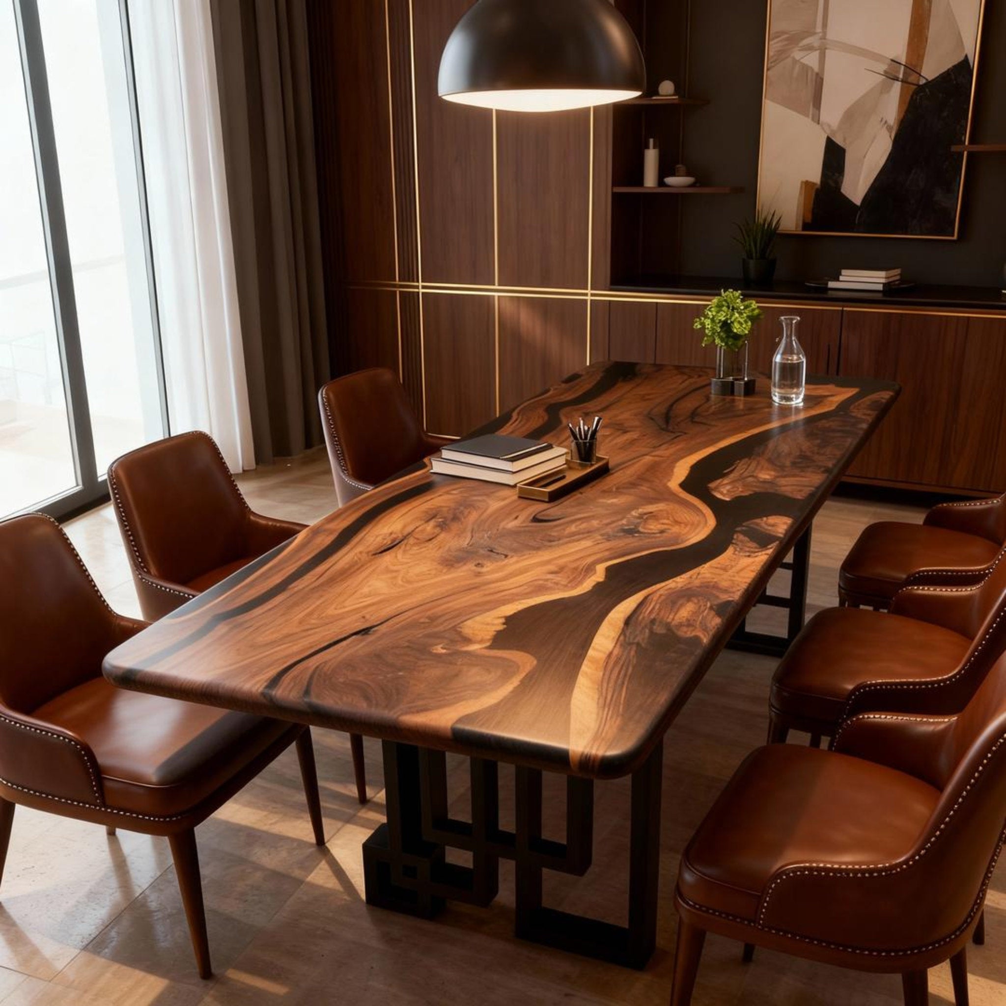 Table rivière sur mesure en résine époxy et noyer noir, noir onyx VJR-628