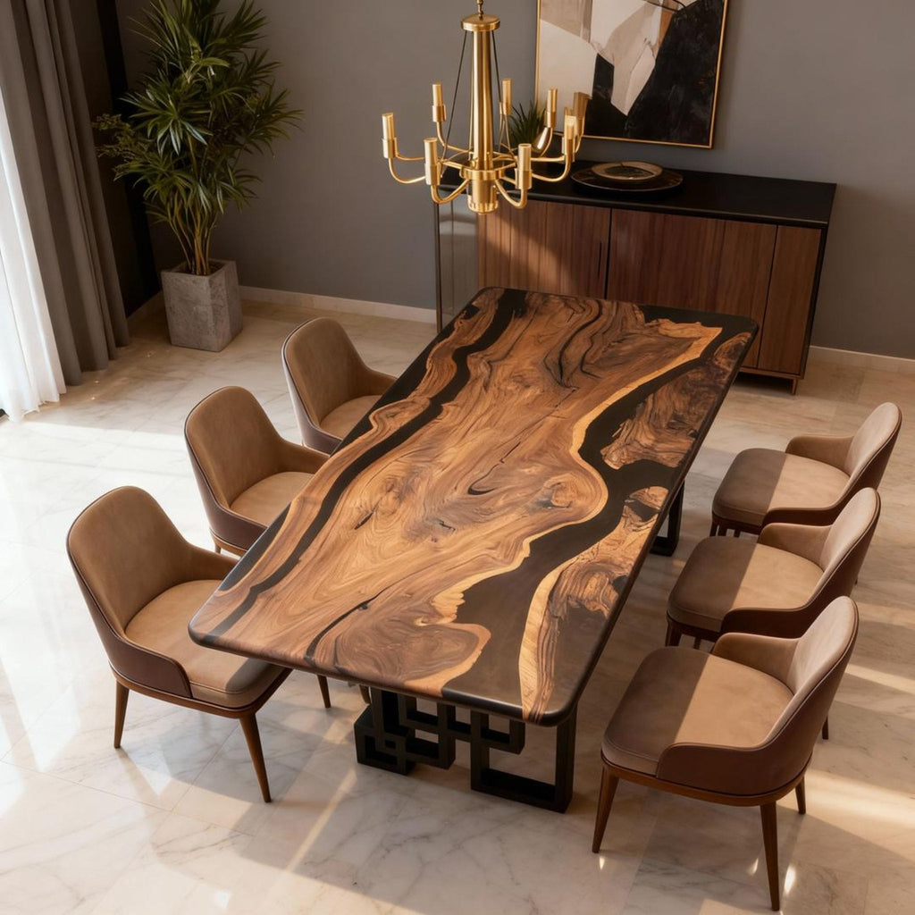 Table rivière sur mesure en résine époxy et noyer noir, noir onyx VJR-628