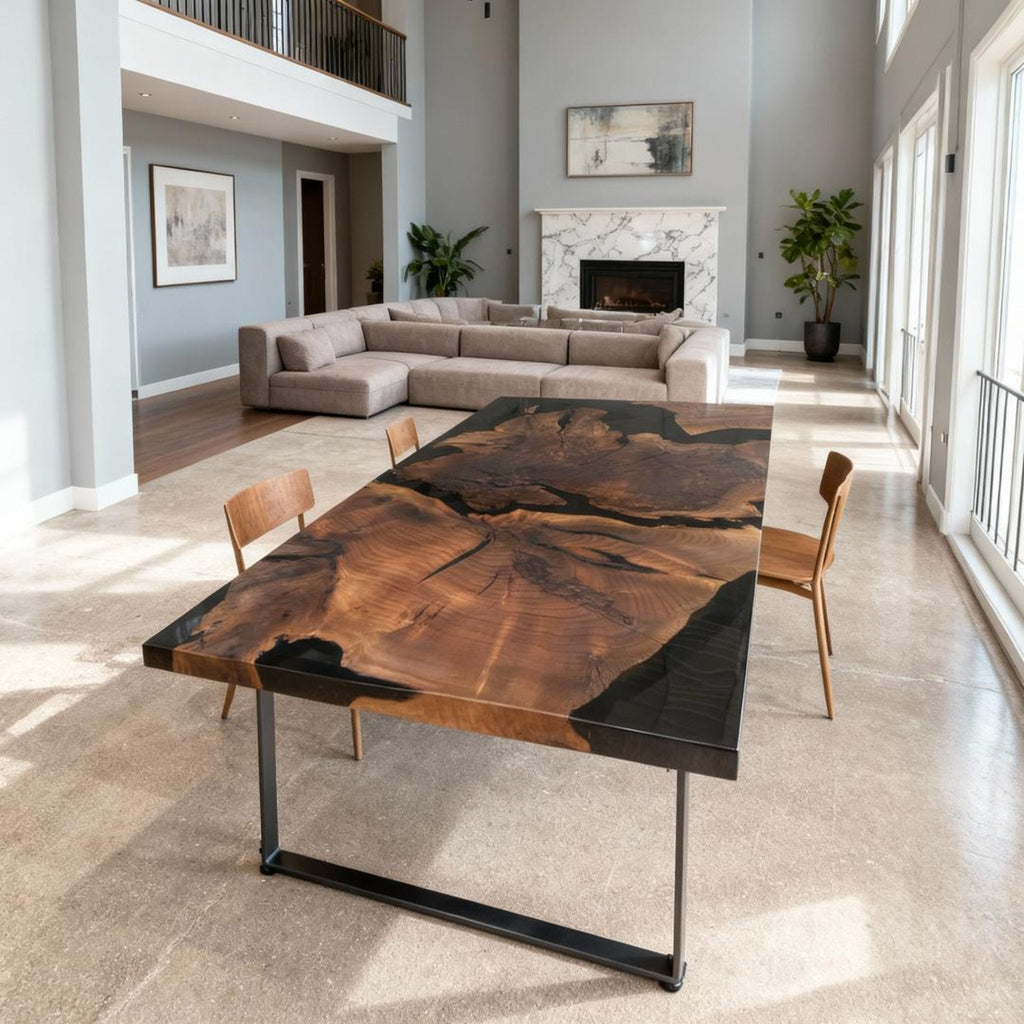 Table rivière sur mesure en résine époxy et noyer noir, noir onyx VQM-482