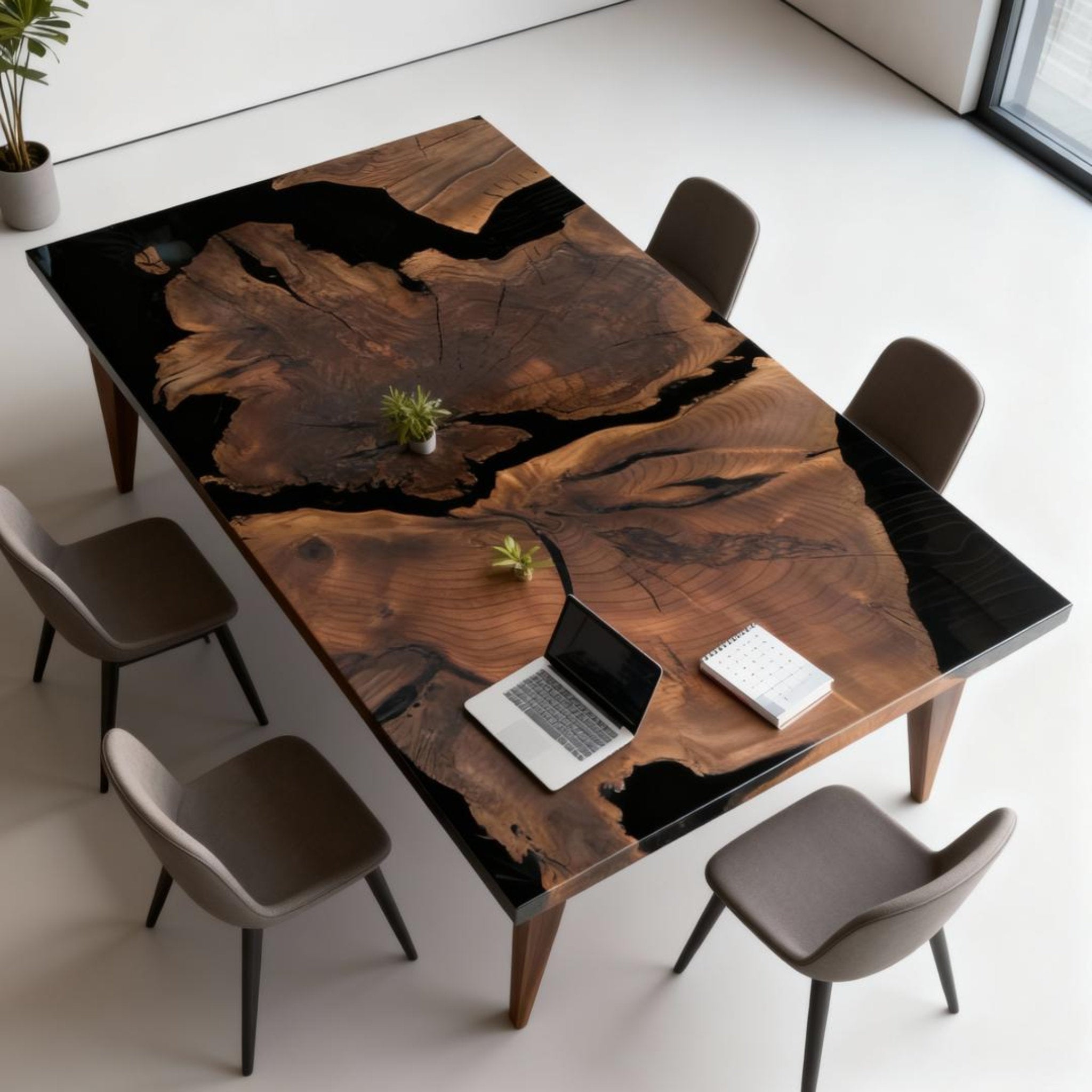 Table rivière sur mesure en résine époxy et noyer noir, noir onyx VQM-482