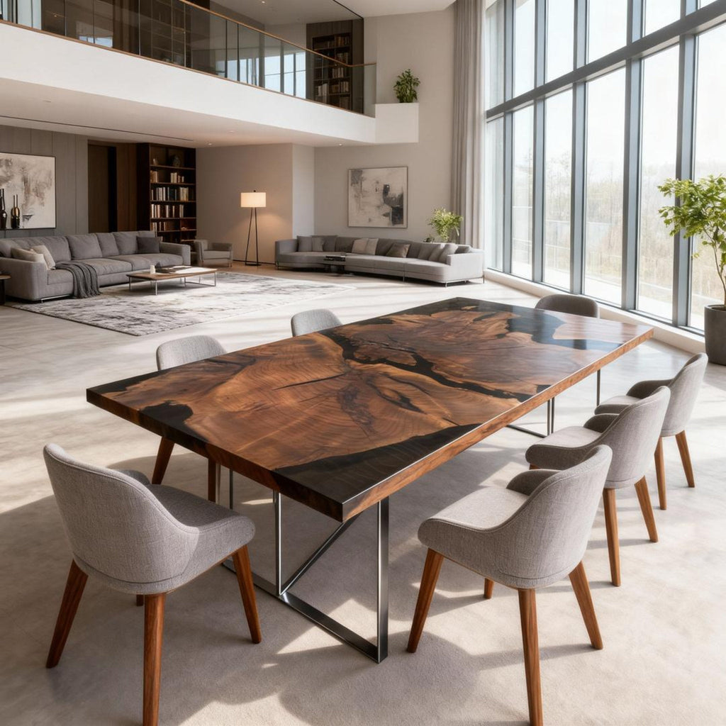 Table rivière sur mesure en résine époxy et noyer noir, noir onyx VQM-482