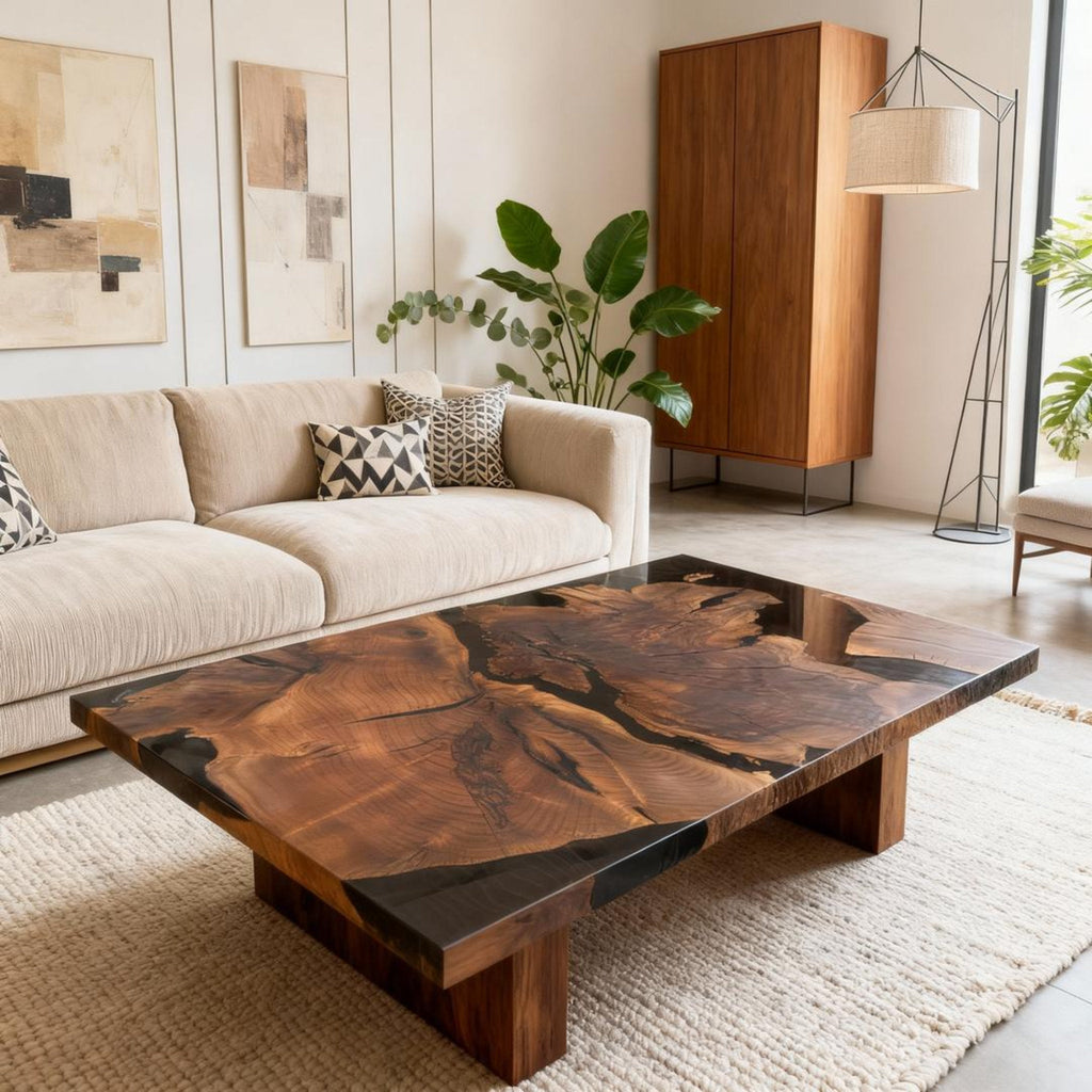 Table rivière sur mesure en résine époxy et noyer noir, noir onyx VQM-482