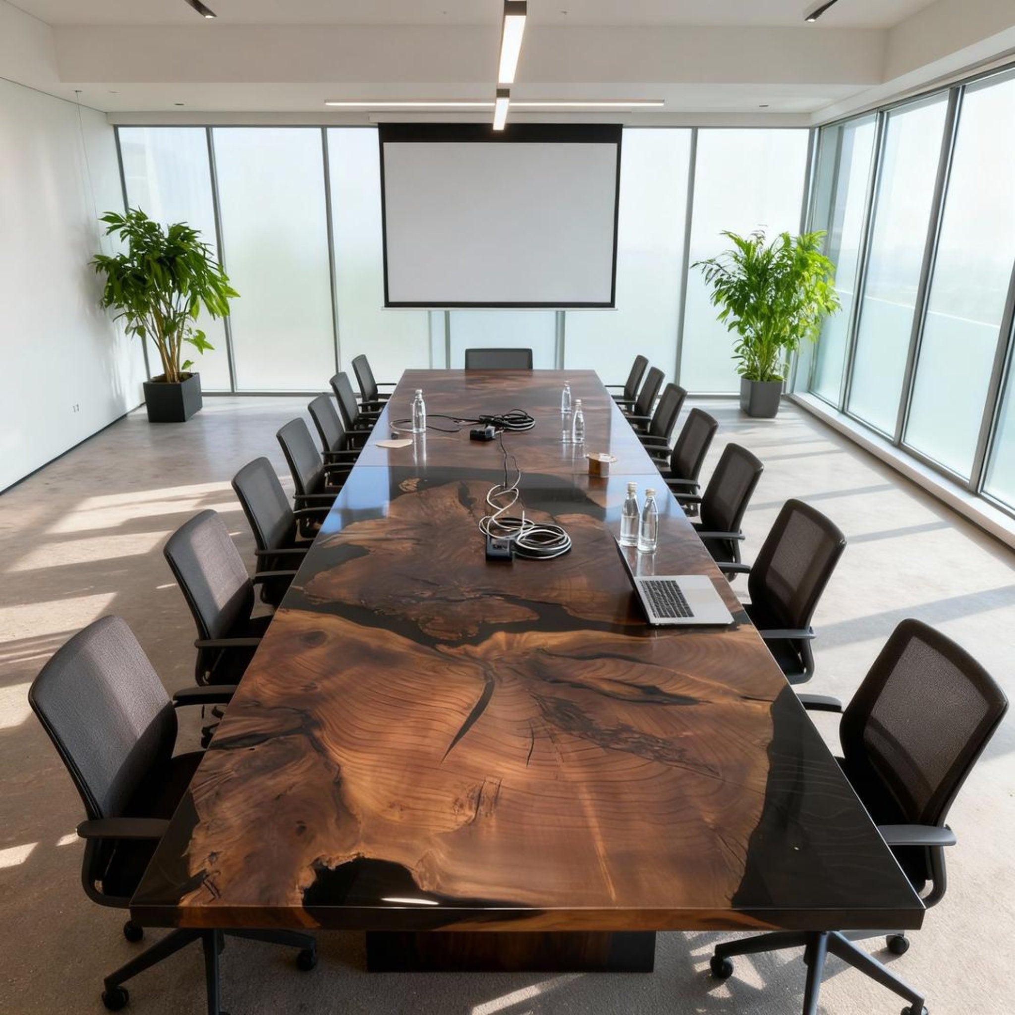 Table rivière sur mesure en résine époxy et noyer noir, noir onyx VQM-482