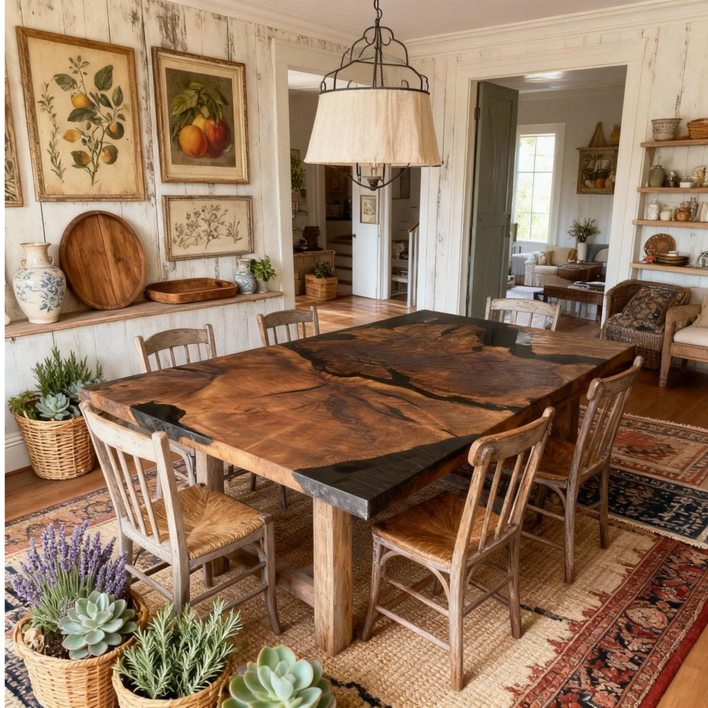 Table rivière sur mesure en résine époxy et noyer noir, noir onyx VQM-482