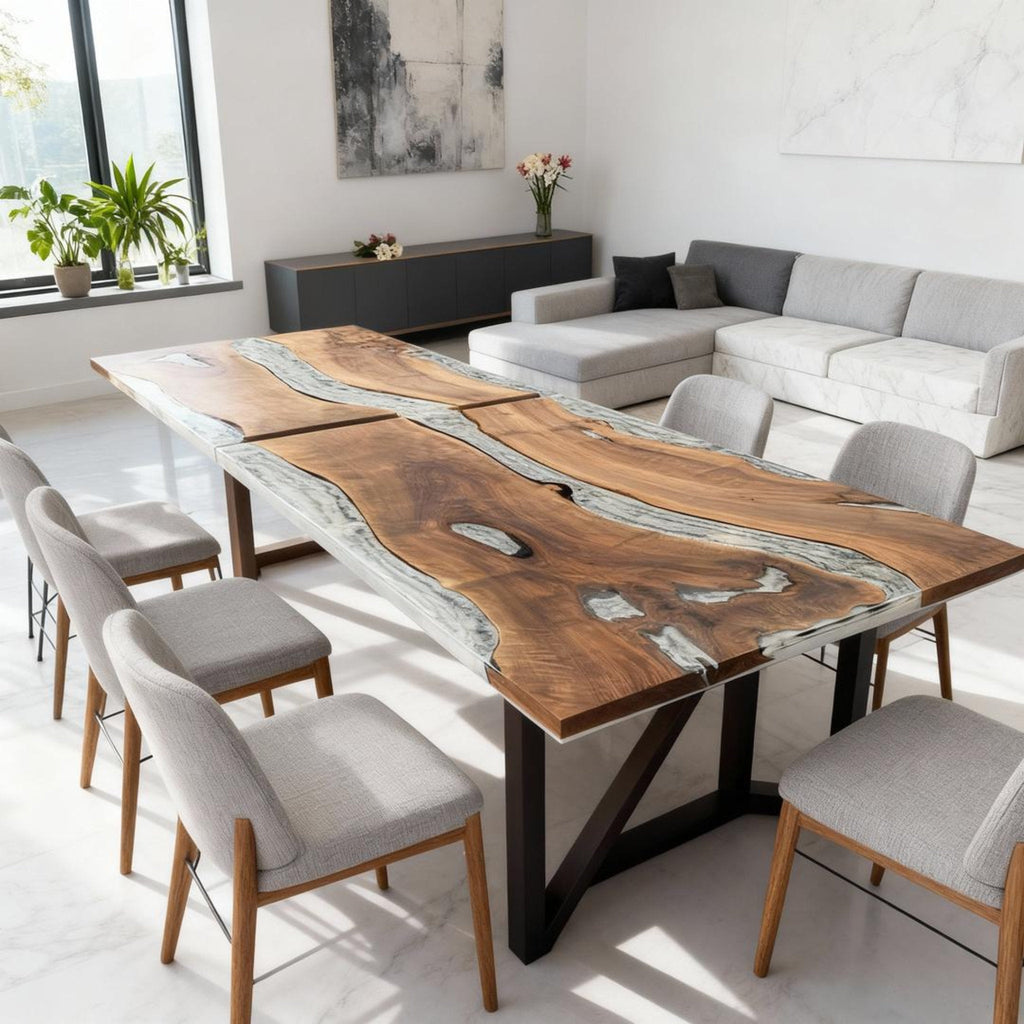 Table rivière personnalisée en résine époxy noyer noir, résine gris perle ZKP-847