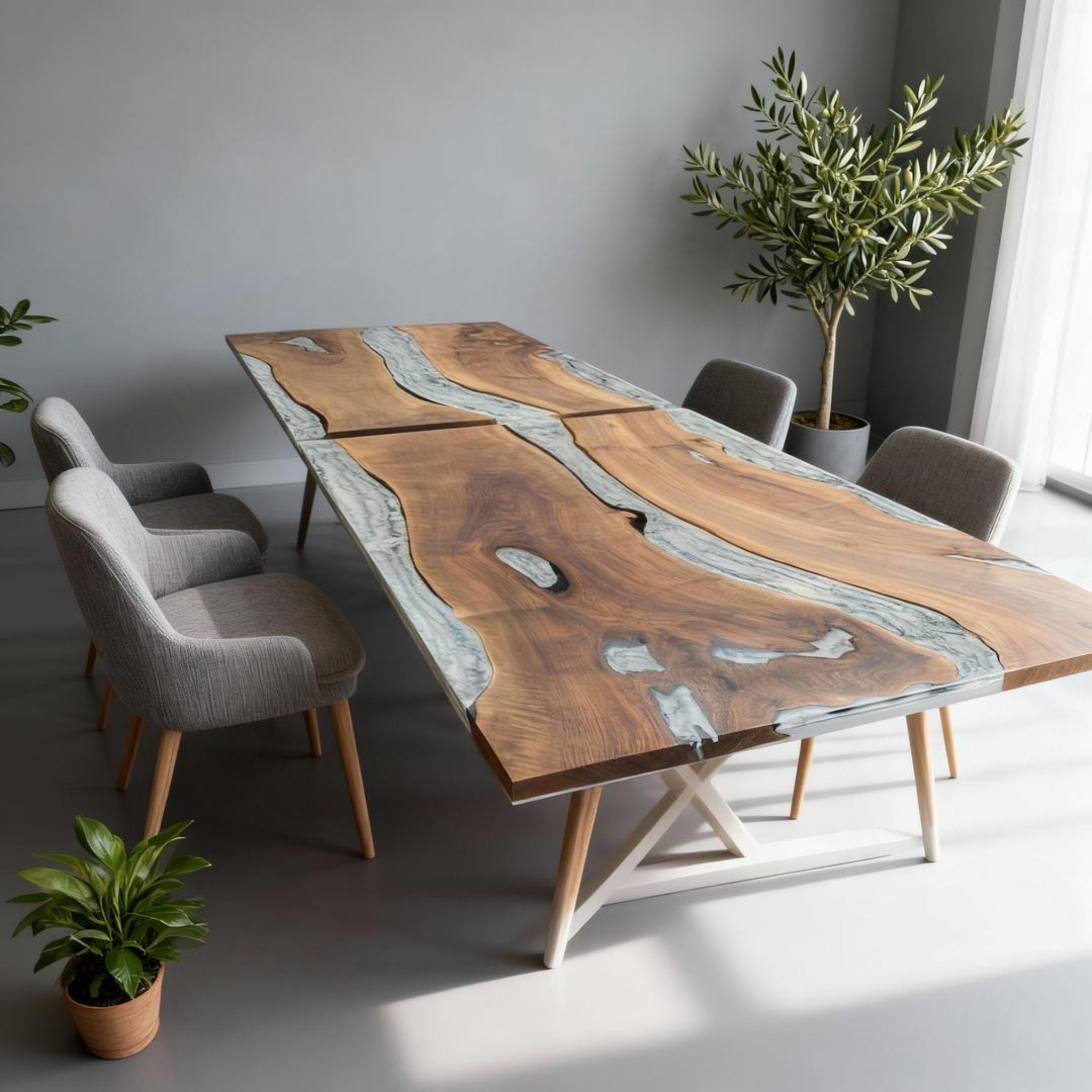 Table rivière personnalisée en résine époxy noyer noir, résine gris perle ZKP-847