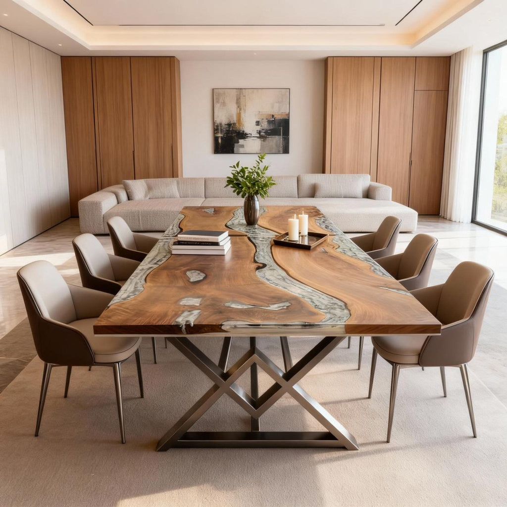 Table rivière personnalisée en résine époxy noyer noir, résine gris perle ZKP-847