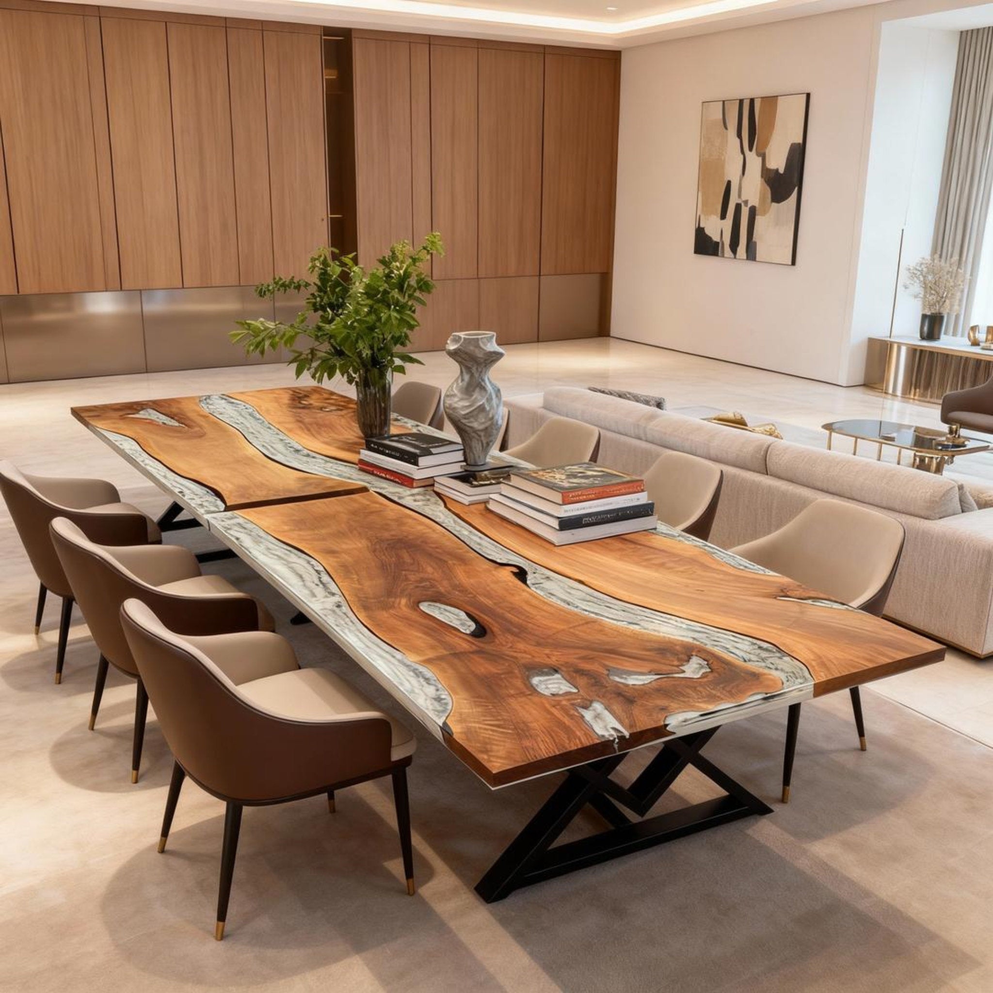 Table rivière personnalisée en résine époxy noyer noir, résine gris perle ZKP-847