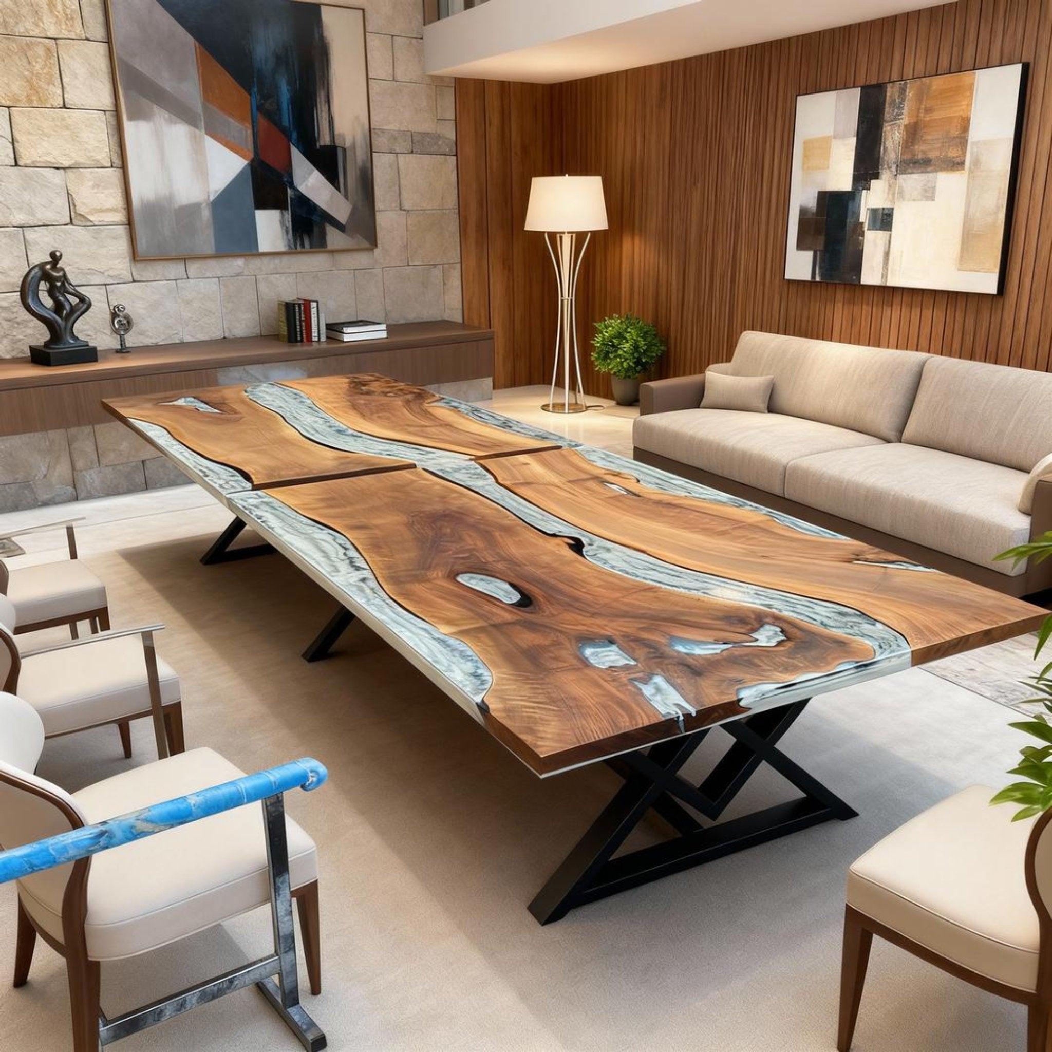 Table rivière personnalisée en résine époxy noyer noir, résine gris perle ZKP-847