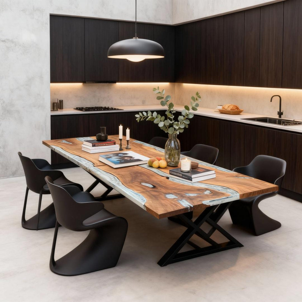 Table rivière personnalisée en résine époxy noyer noir, résine gris perle ZKP-847