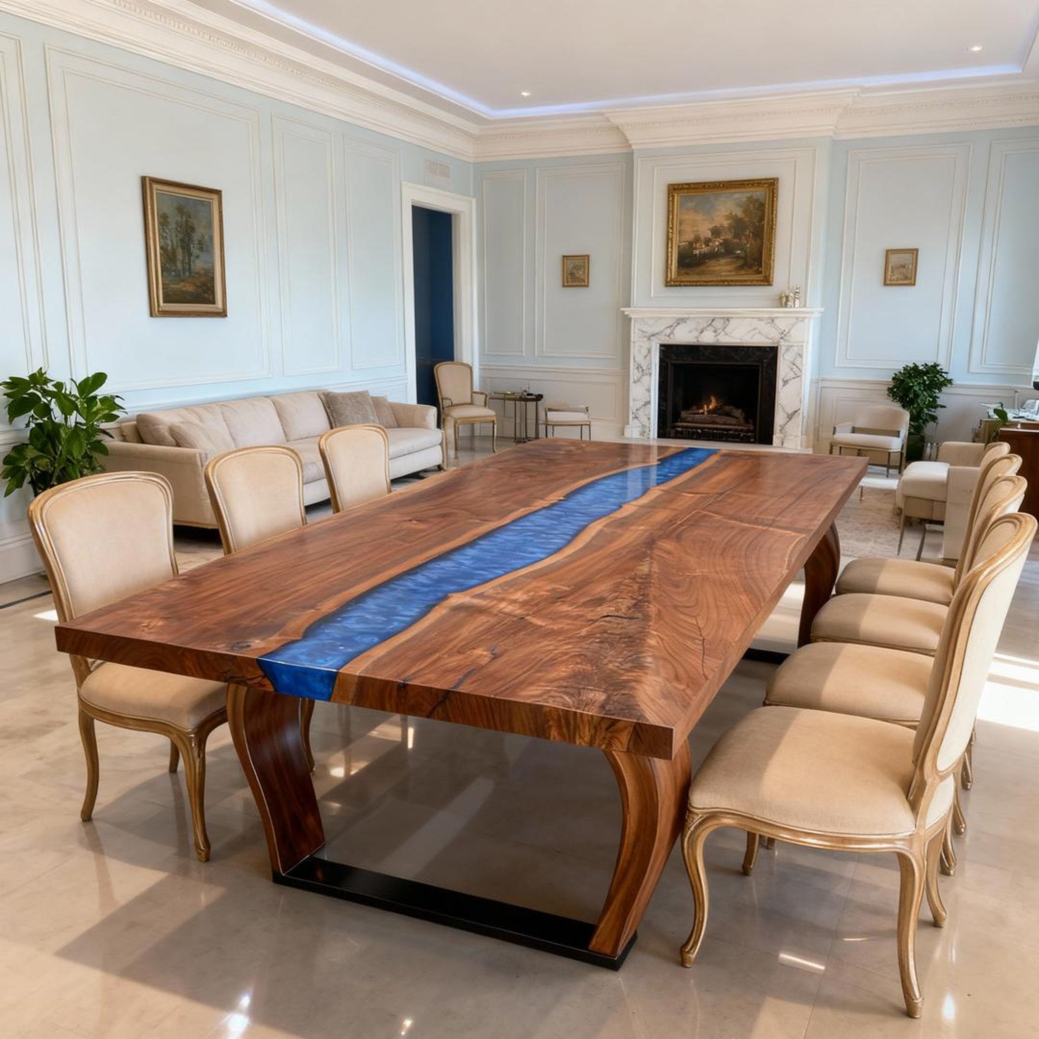 Table rivière personnalisée en résine époxy et noyer noir, bleu saphir LPR-58