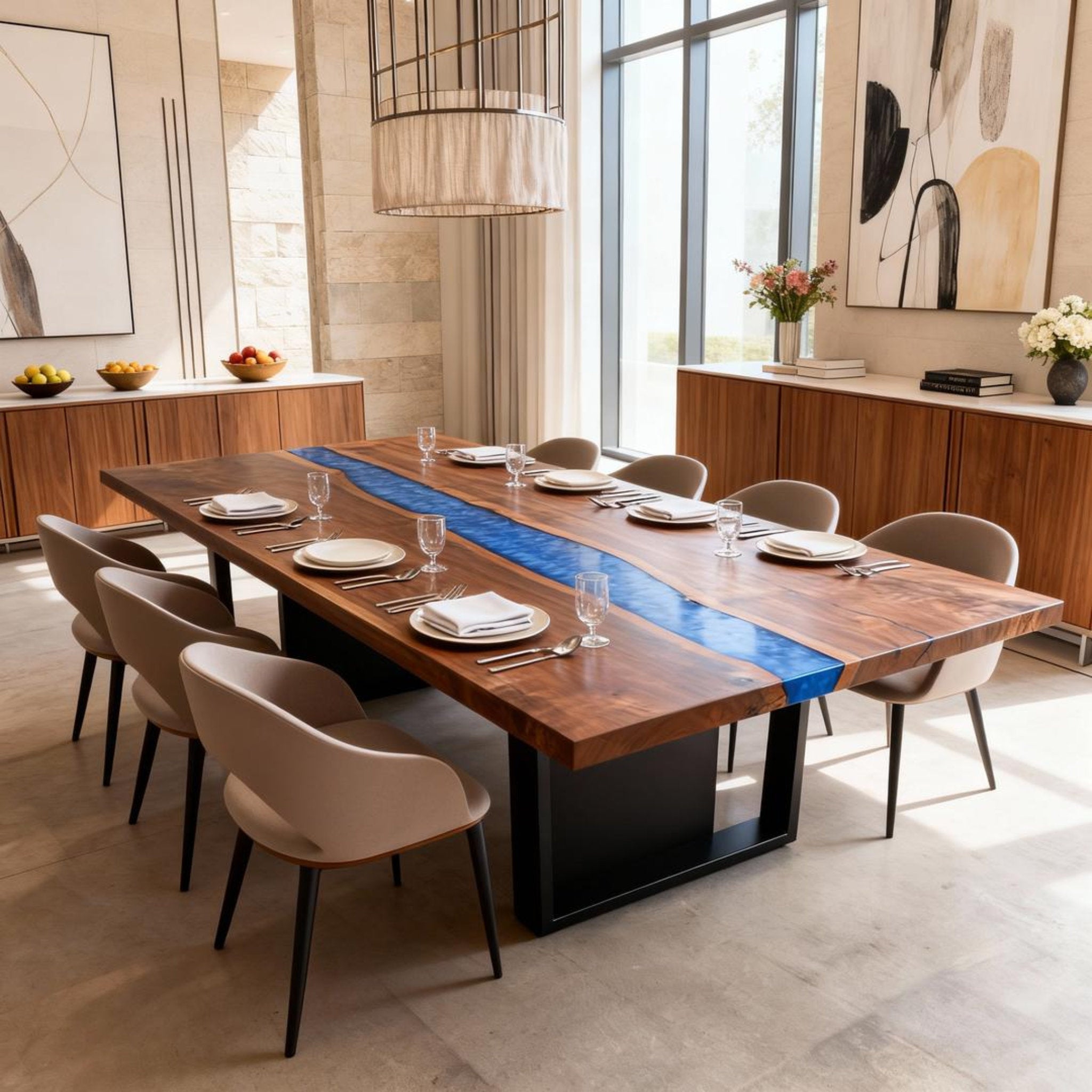 Table rivière personnalisée en résine époxy et noyer noir, bleu saphir LPR-58