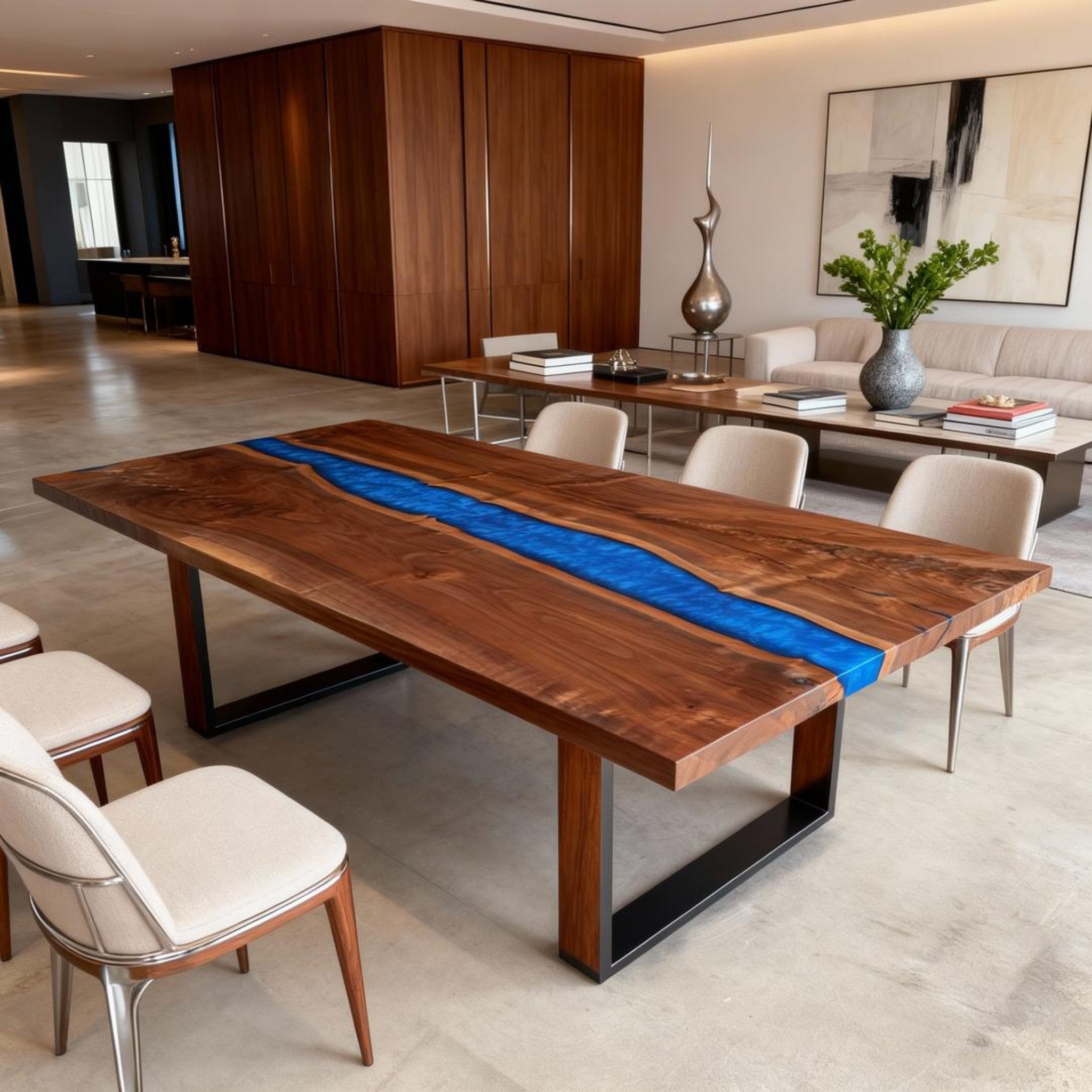 Table rivière personnalisée en résine époxy et noyer noir, bleu saphir LPR-58