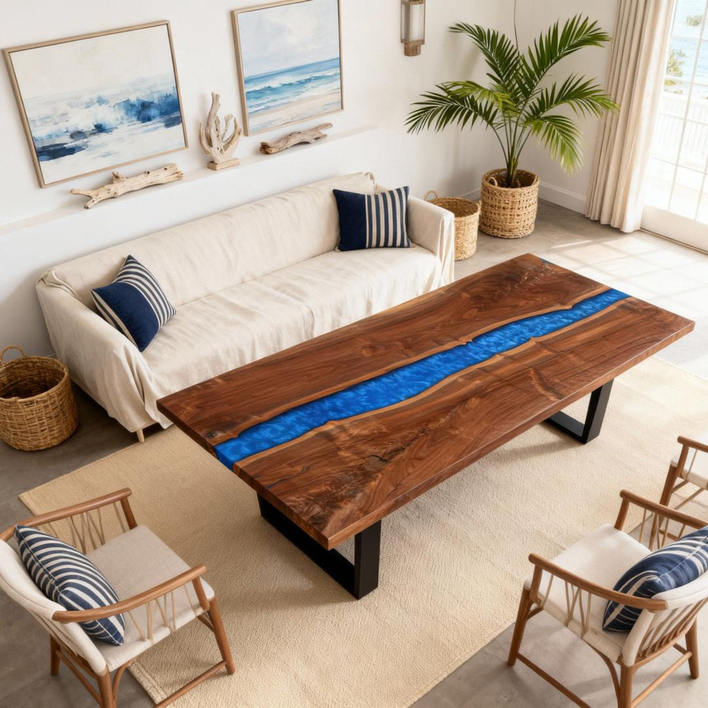 Table rivière personnalisée en résine époxy et noyer noir, bleu saphir LPR-58