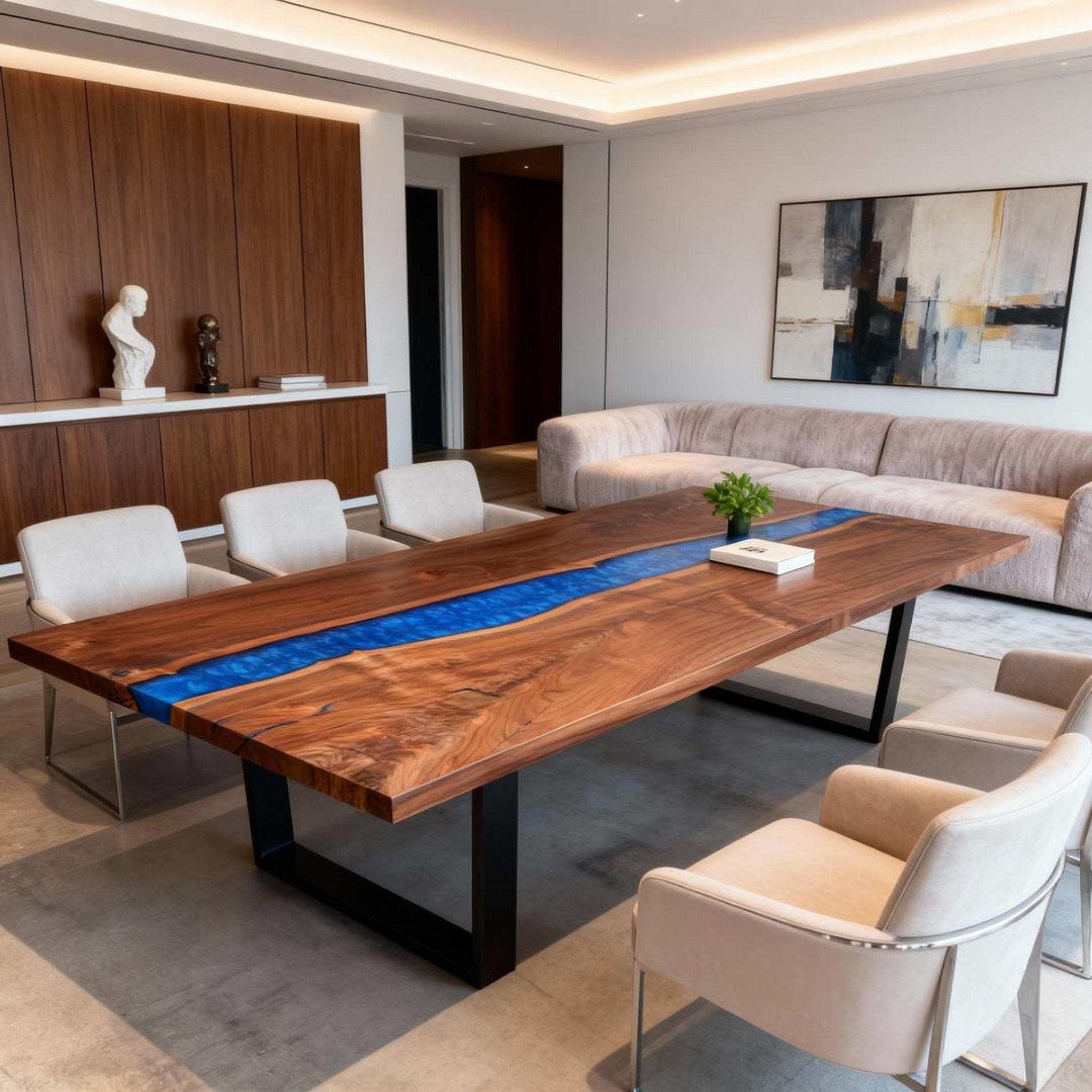 Table rivière personnalisée en résine époxy et noyer noir, bleu saphir LPR-58