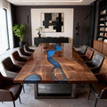 Table rivière personnalisée en résine époxy noyer noir et résine bleu saphir QMN-736
