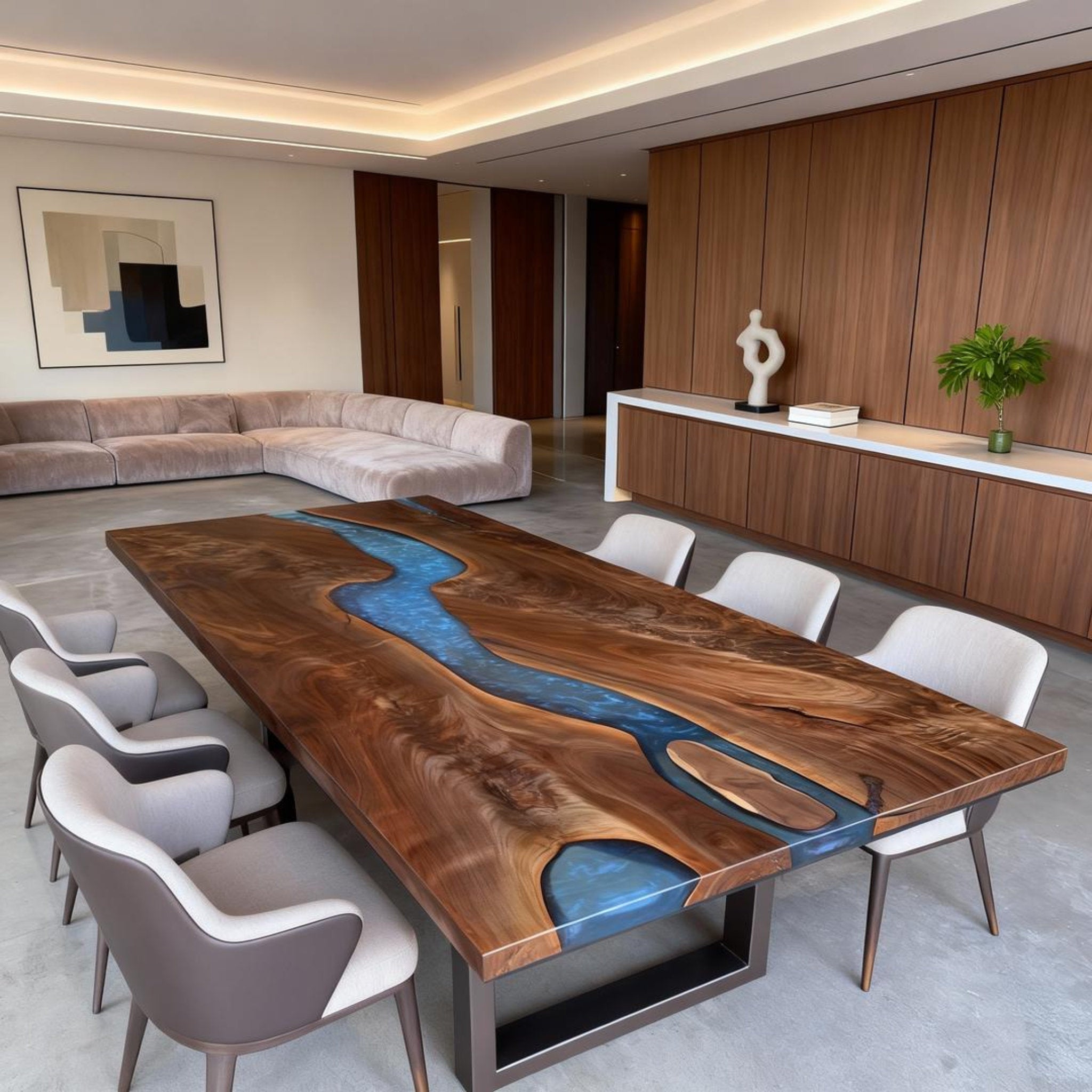 Table rivière personnalisée en résine époxy noyer noir et résine bleu saphir QMN-736