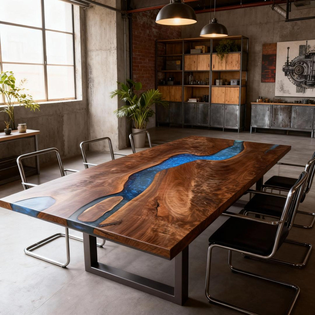 Table rivière personnalisée en résine époxy noyer noir et résine bleu saphir QMN-736
