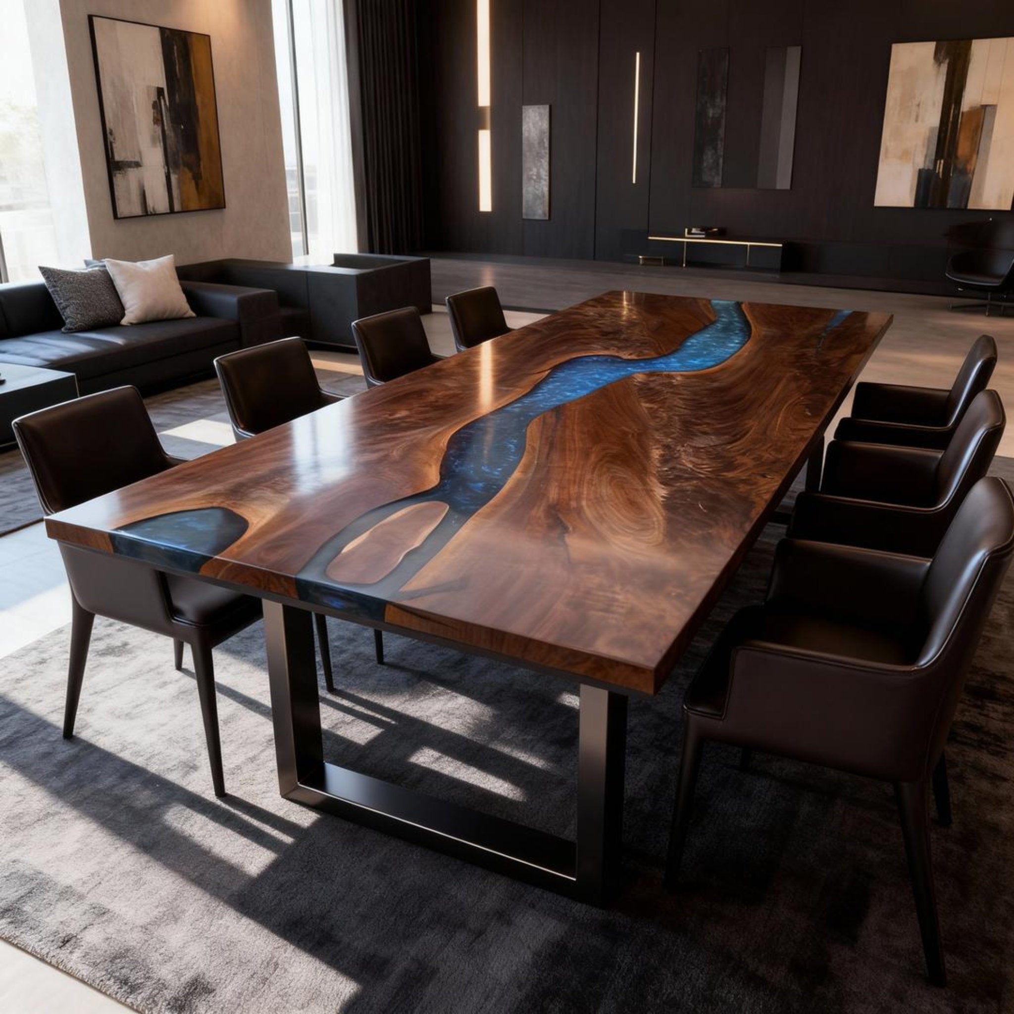 Table rivière personnalisée en résine époxy noyer noir et résine bleu saphir QMN-736