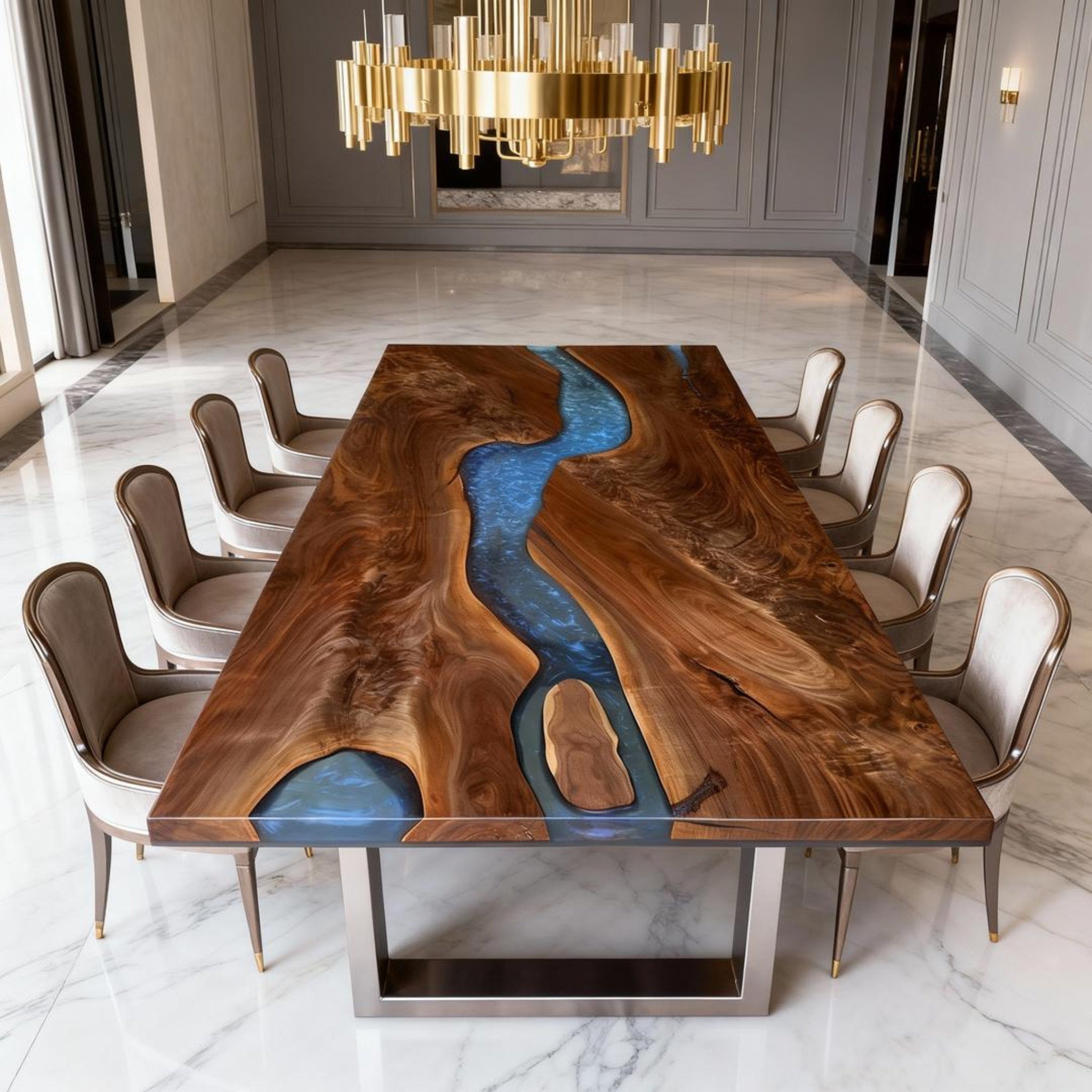 Table rivière personnalisée en résine époxy noyer noir et résine bleu saphir QMN-736