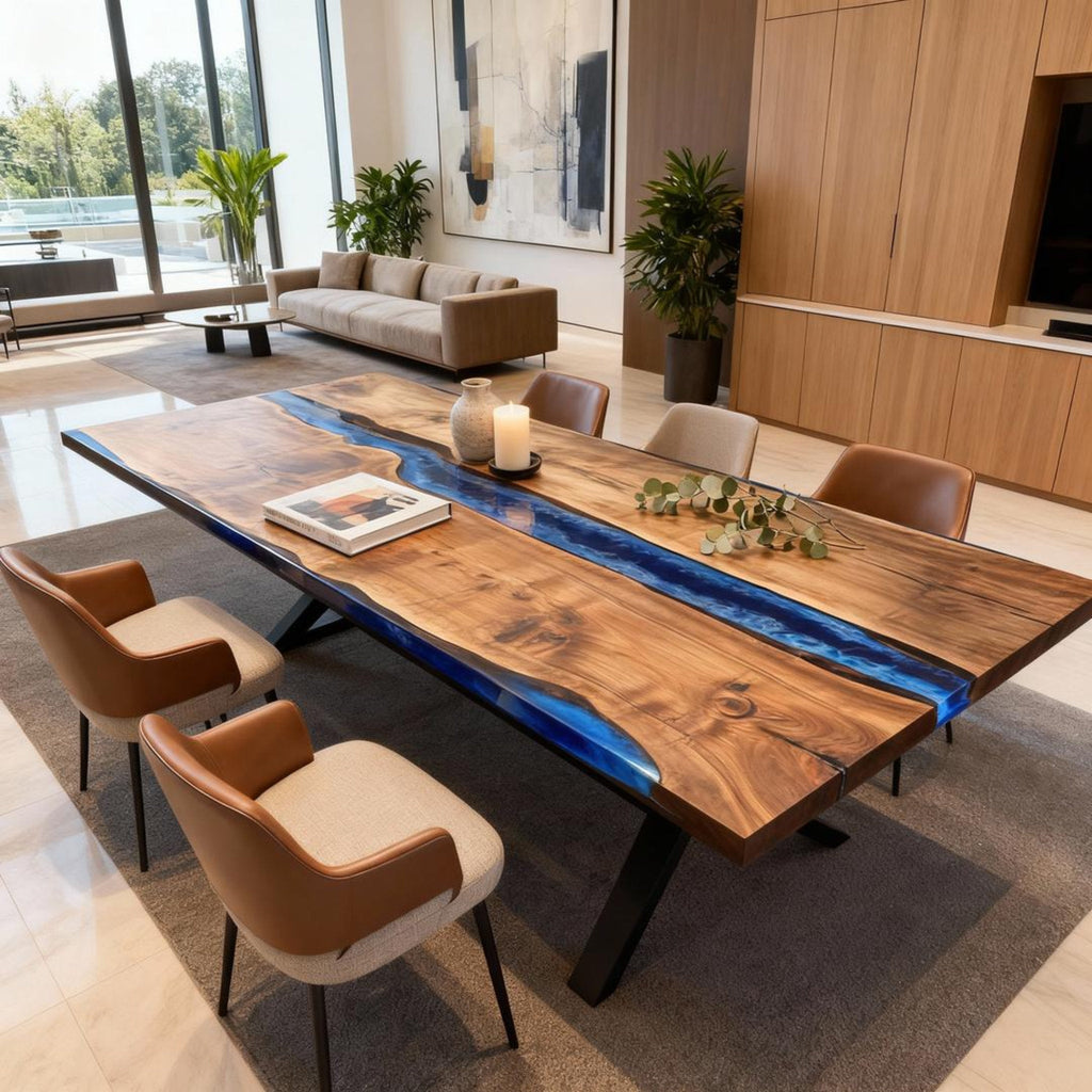 Table rivière personnalisée en résine époxy et noyer noir, résine bleu saphir VKT-593