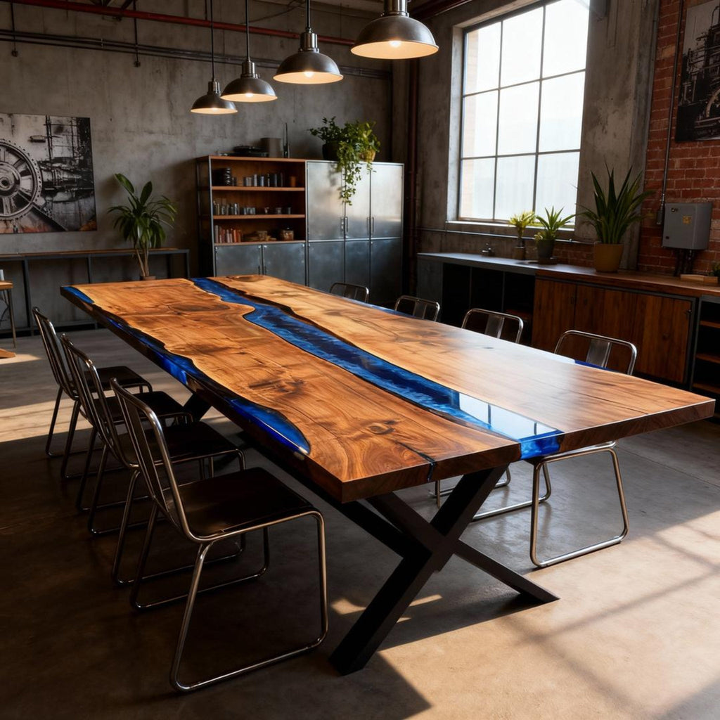 Table rivière personnalisée en résine époxy et noyer noir, résine bleu saphir VKT-593