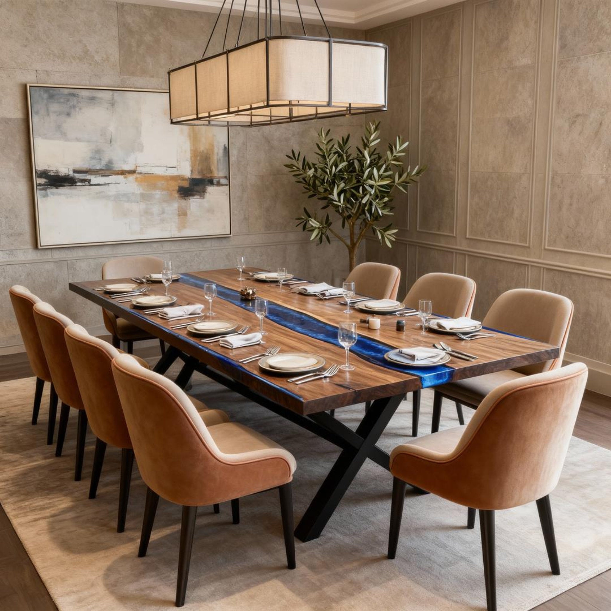 Table rivière personnalisée en résine époxy et noyer noir, résine bleu saphir VKT-593