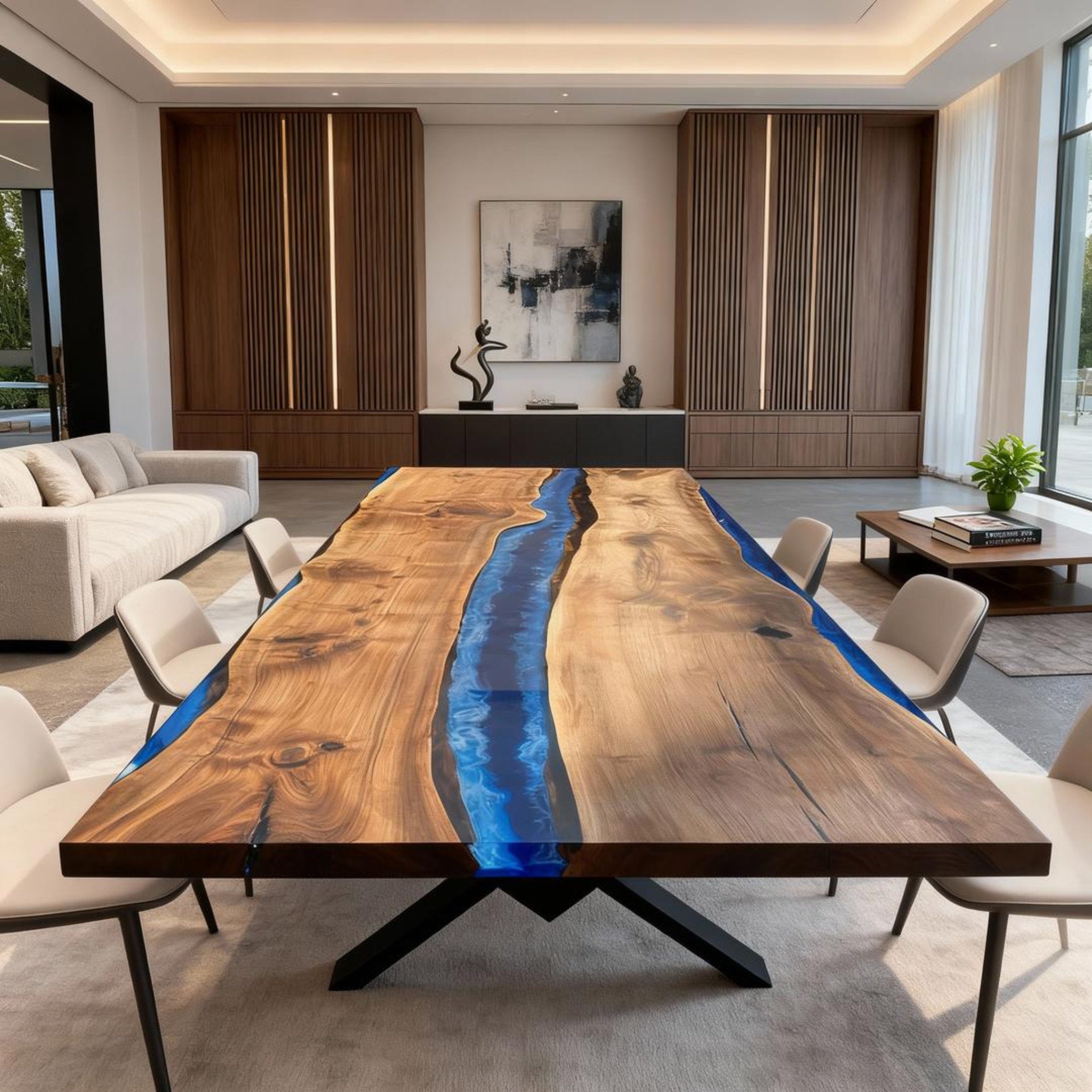 Table rivière personnalisée en résine époxy et noyer noir, résine bleu saphir VKT-593