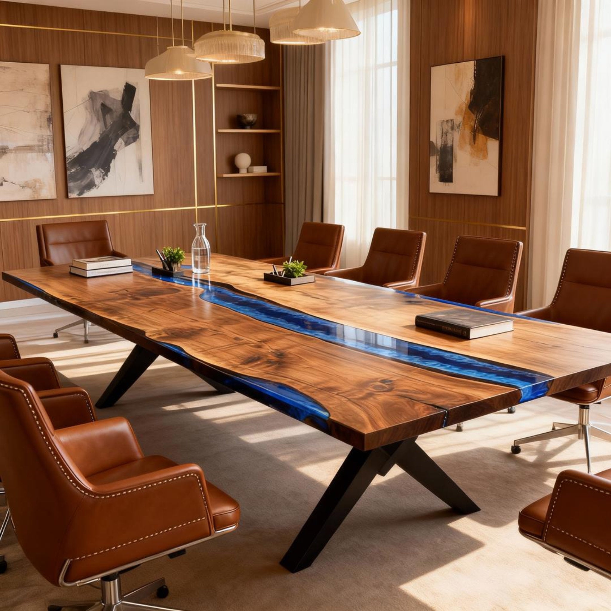 Table rivière personnalisée en résine époxy et noyer noir, résine bleu saphir VKT-593