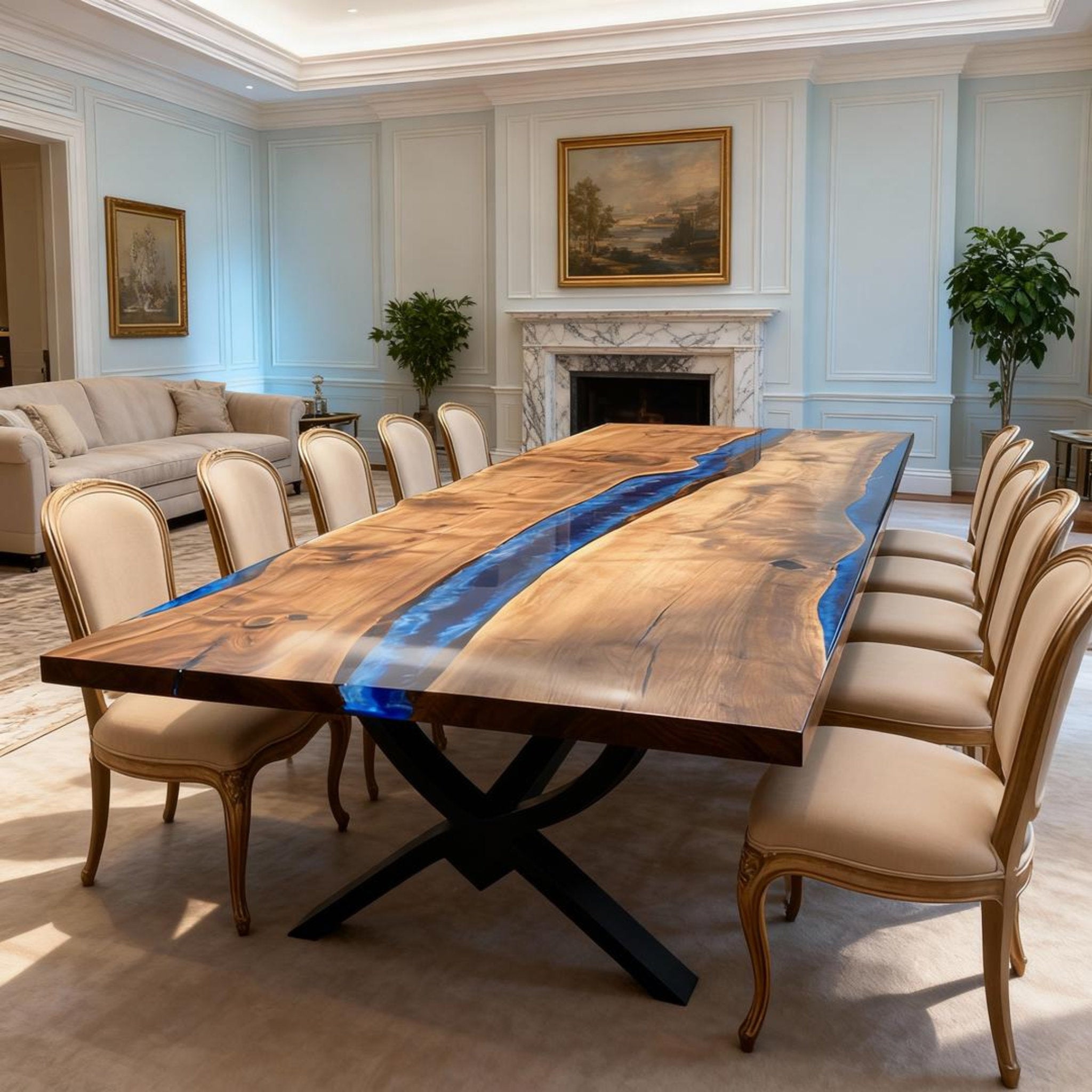 Table rivière personnalisée en résine époxy et noyer noir, résine bleu saphir VKT-593