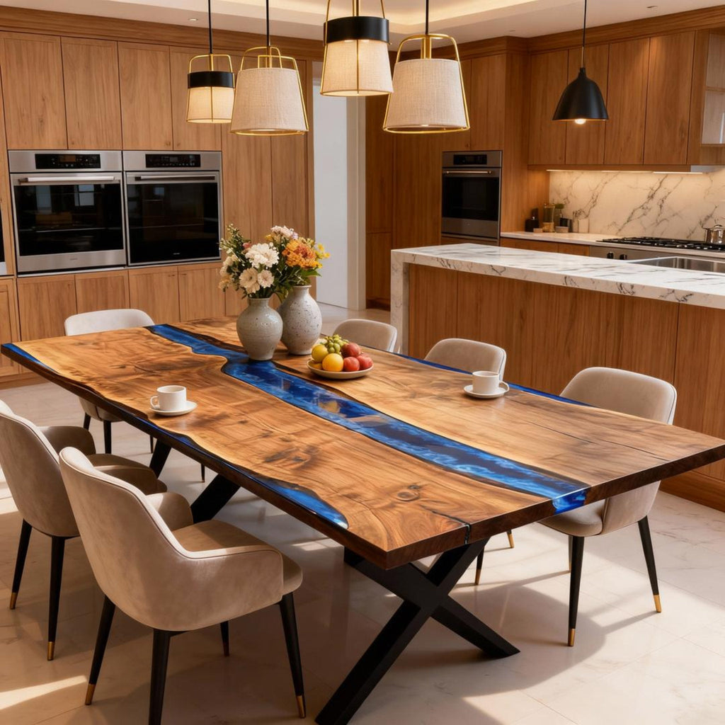 Table rivière personnalisée en résine époxy et noyer noir, résine bleu saphir VKT-593