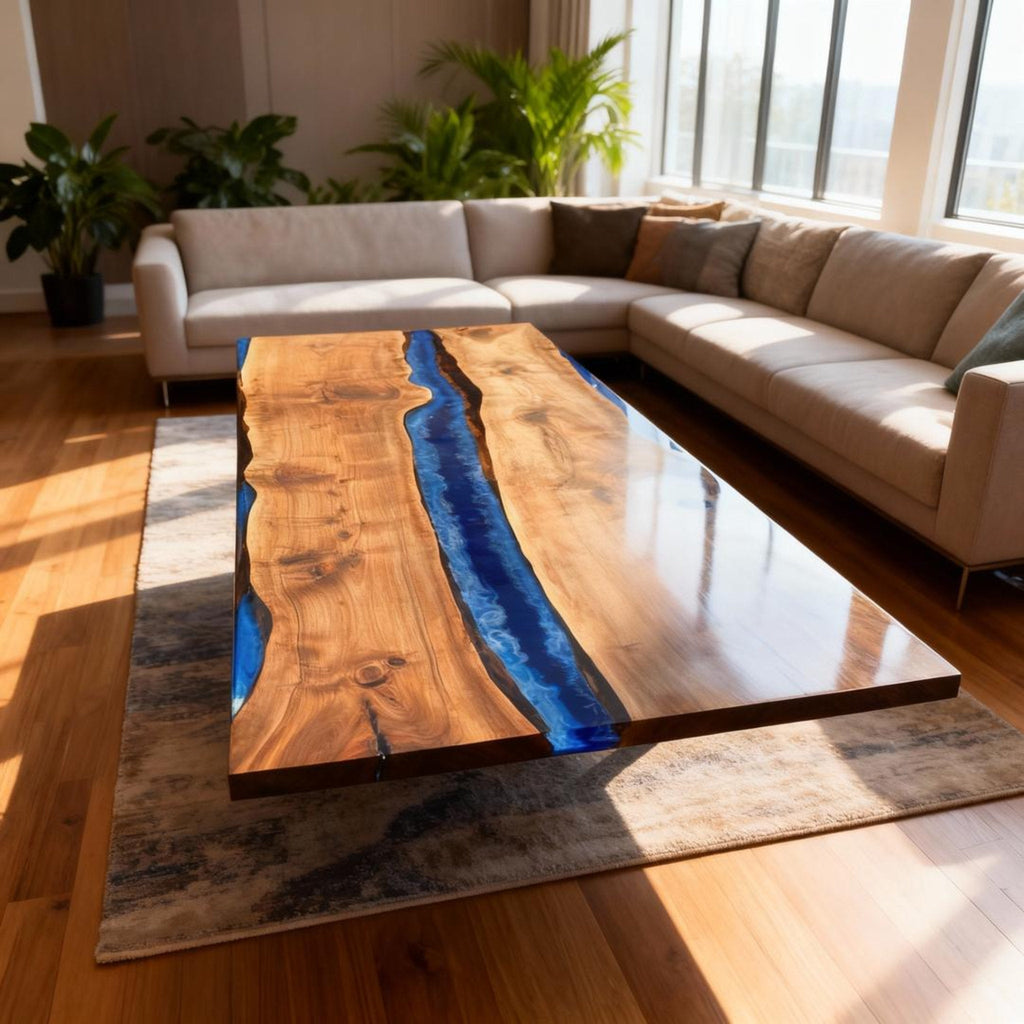 Table rivière personnalisée en résine époxy et noyer noir, résine bleu saphir VKT-593