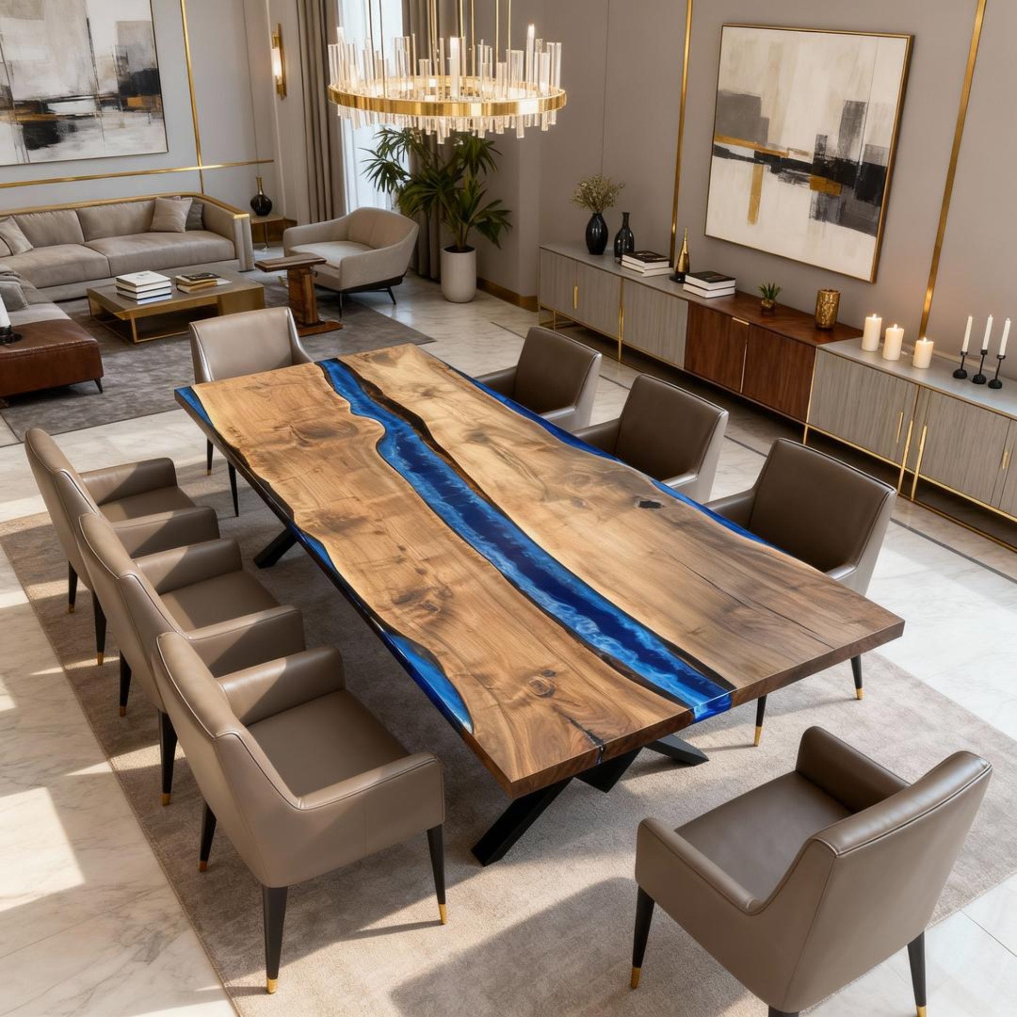 Table rivière personnalisée en résine époxy et noyer noir, résine bleu saphir VKT-593