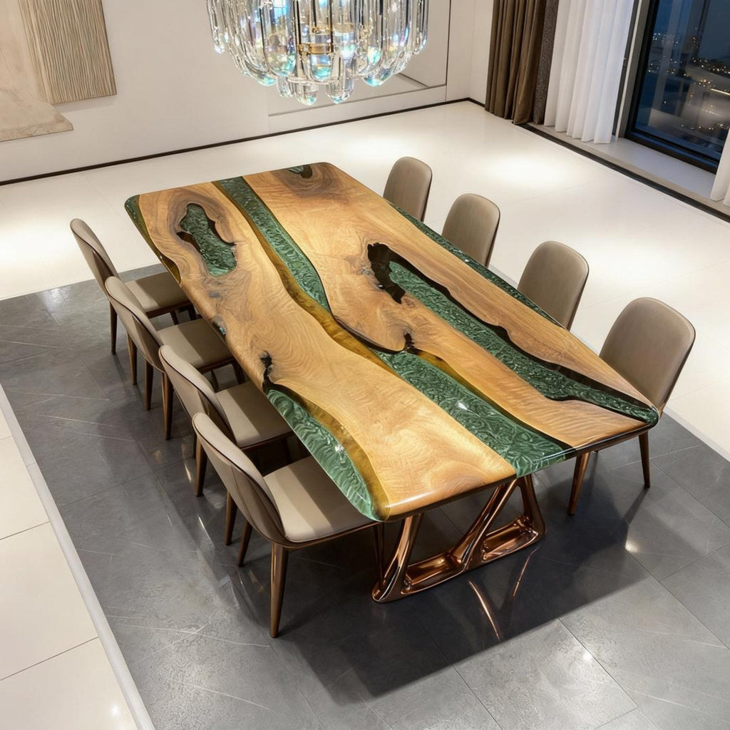 Table rivière personnalisée en résine époxy et noyer noir, couleur émeraude (VQS-638)