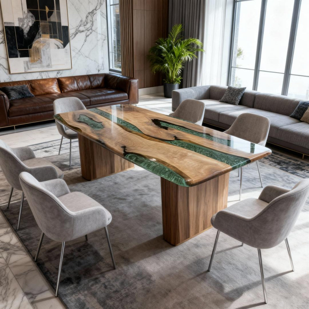 Table rivière personnalisée en résine époxy et noyer noir, couleur émeraude (VQS-638)