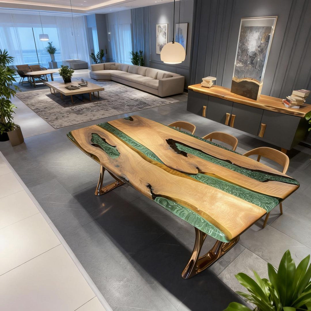 Table rivière personnalisée en résine époxy et noyer noir, couleur émeraude (VQS-638)