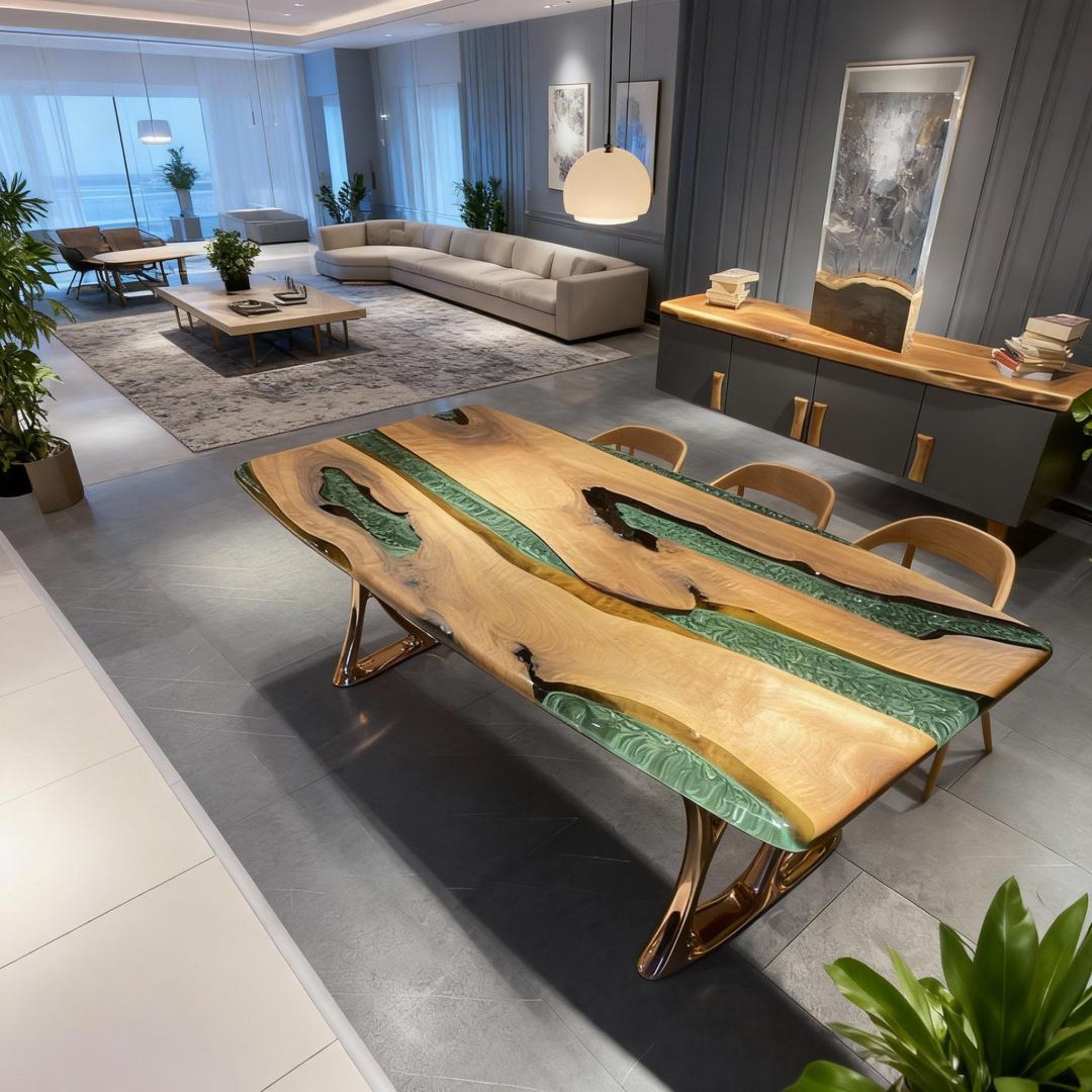 Table rivière personnalisée en résine époxy et noyer noir, couleur émeraude (VQS-638)