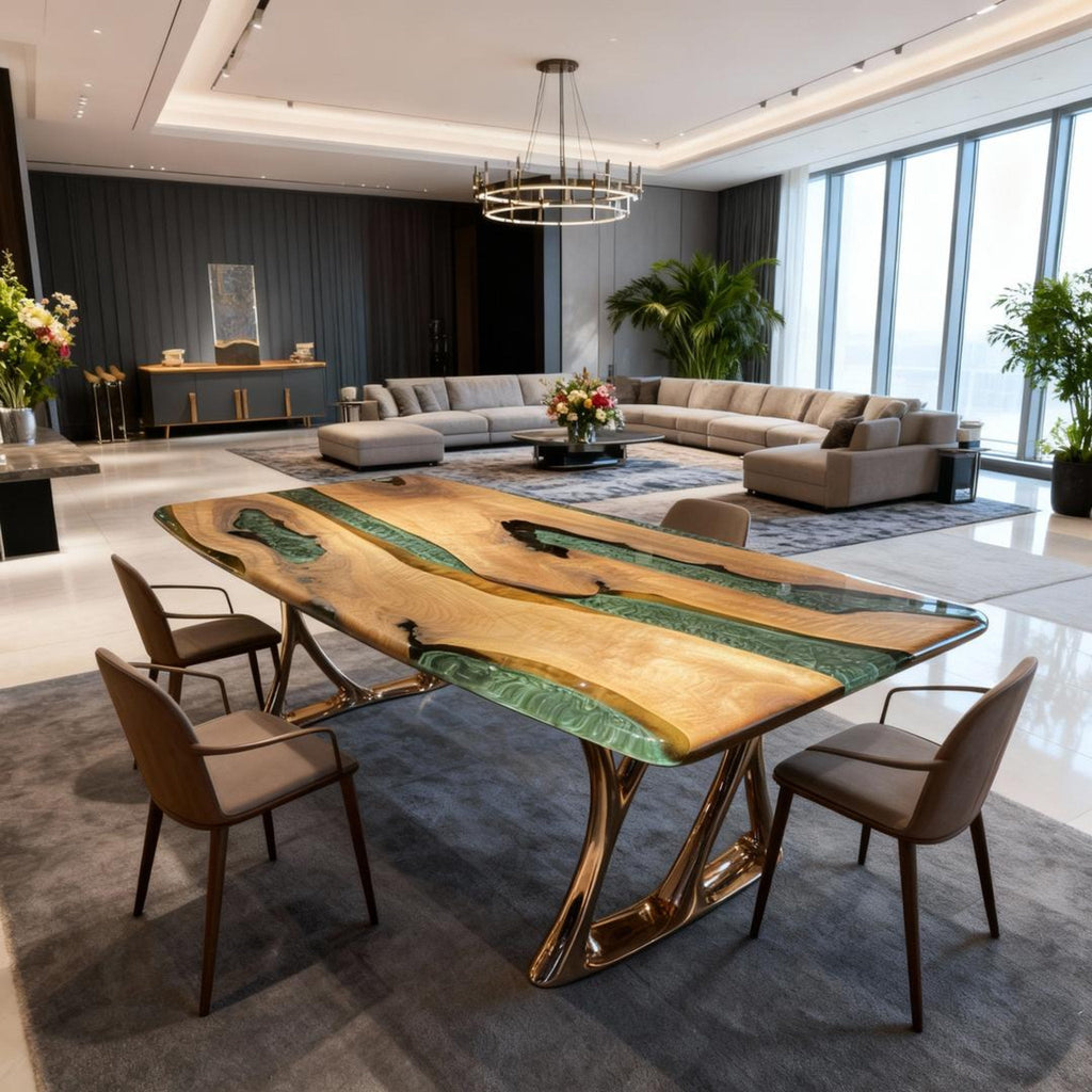 Table rivière personnalisée en résine époxy et noyer noir, couleur émeraude (VQS-638)