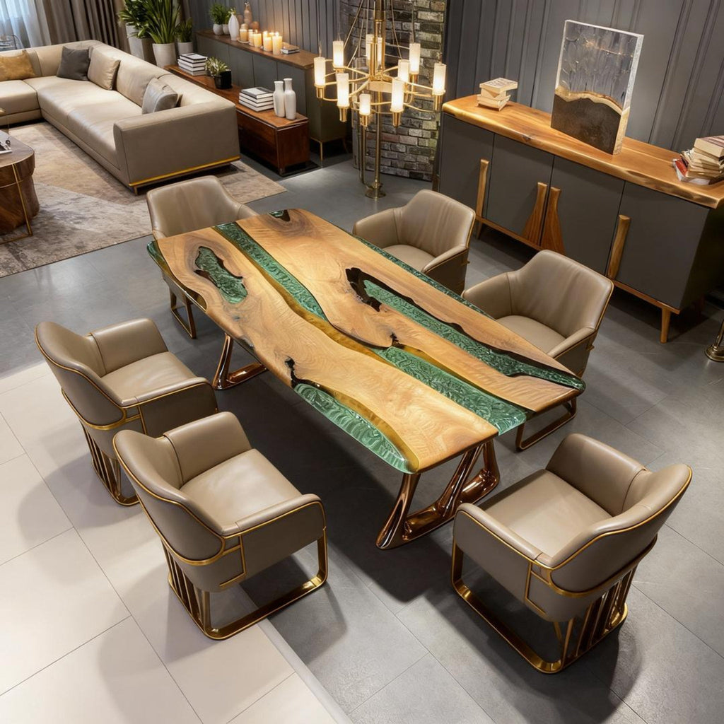 Table rivière personnalisée en résine époxy et noyer noir, couleur émeraude (VQS-638)