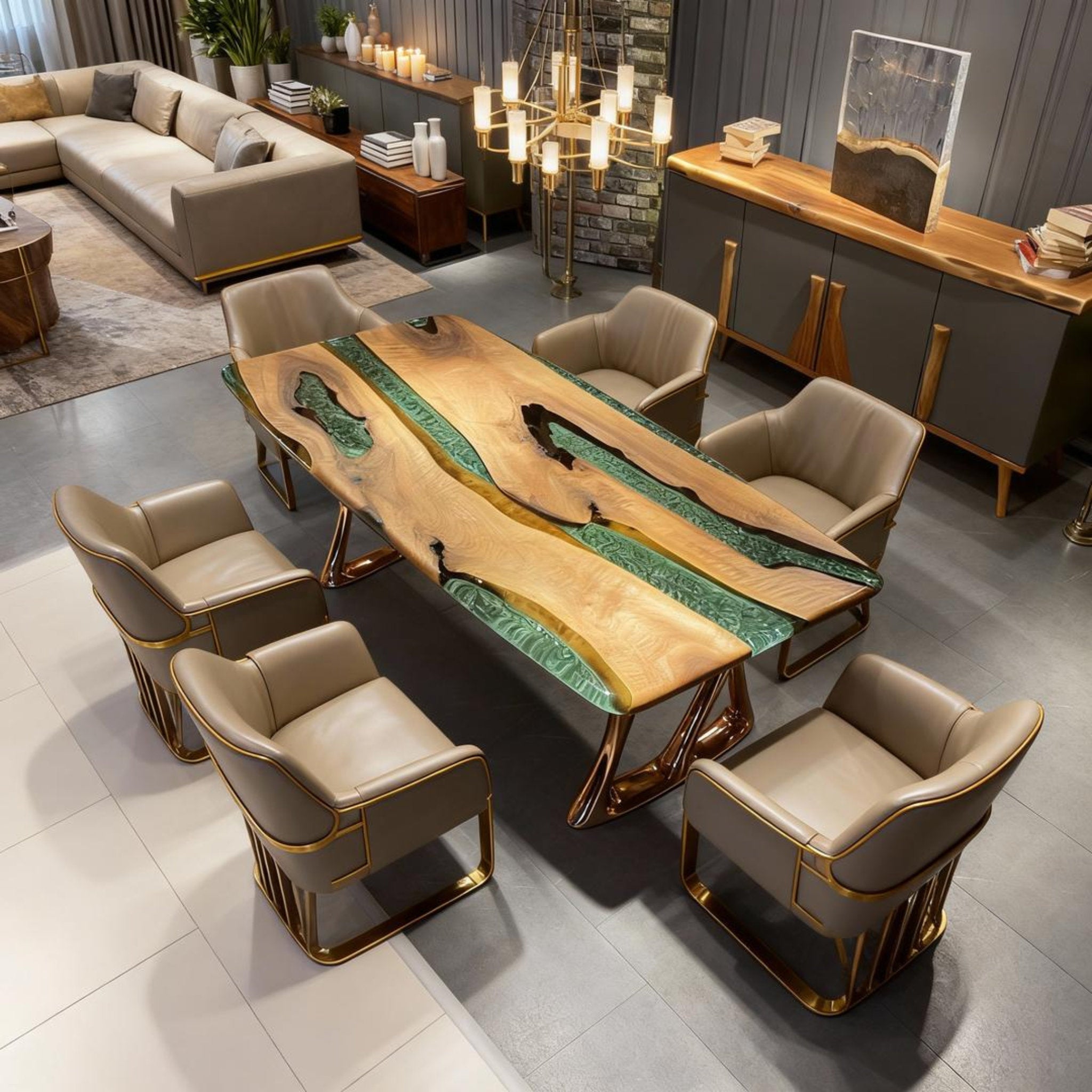 Table rivière personnalisée en résine époxy et noyer noir, couleur émeraude (VQS-638)