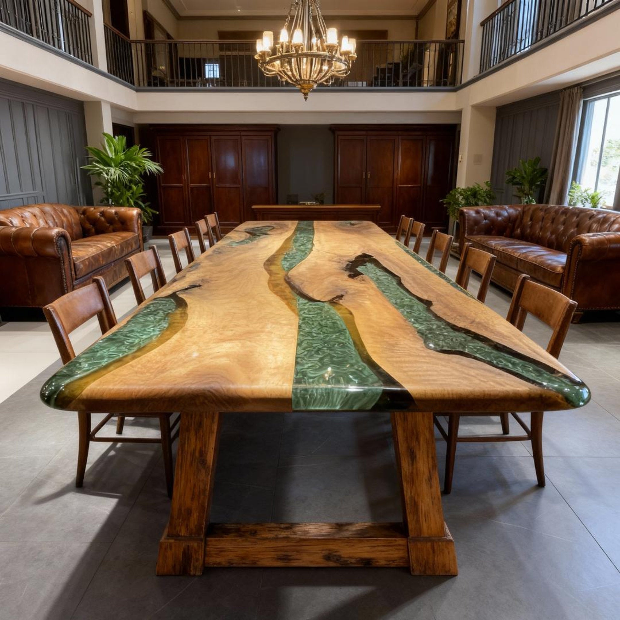 Table rivière personnalisée en résine époxy et noyer noir, couleur émeraude (VQS-638)