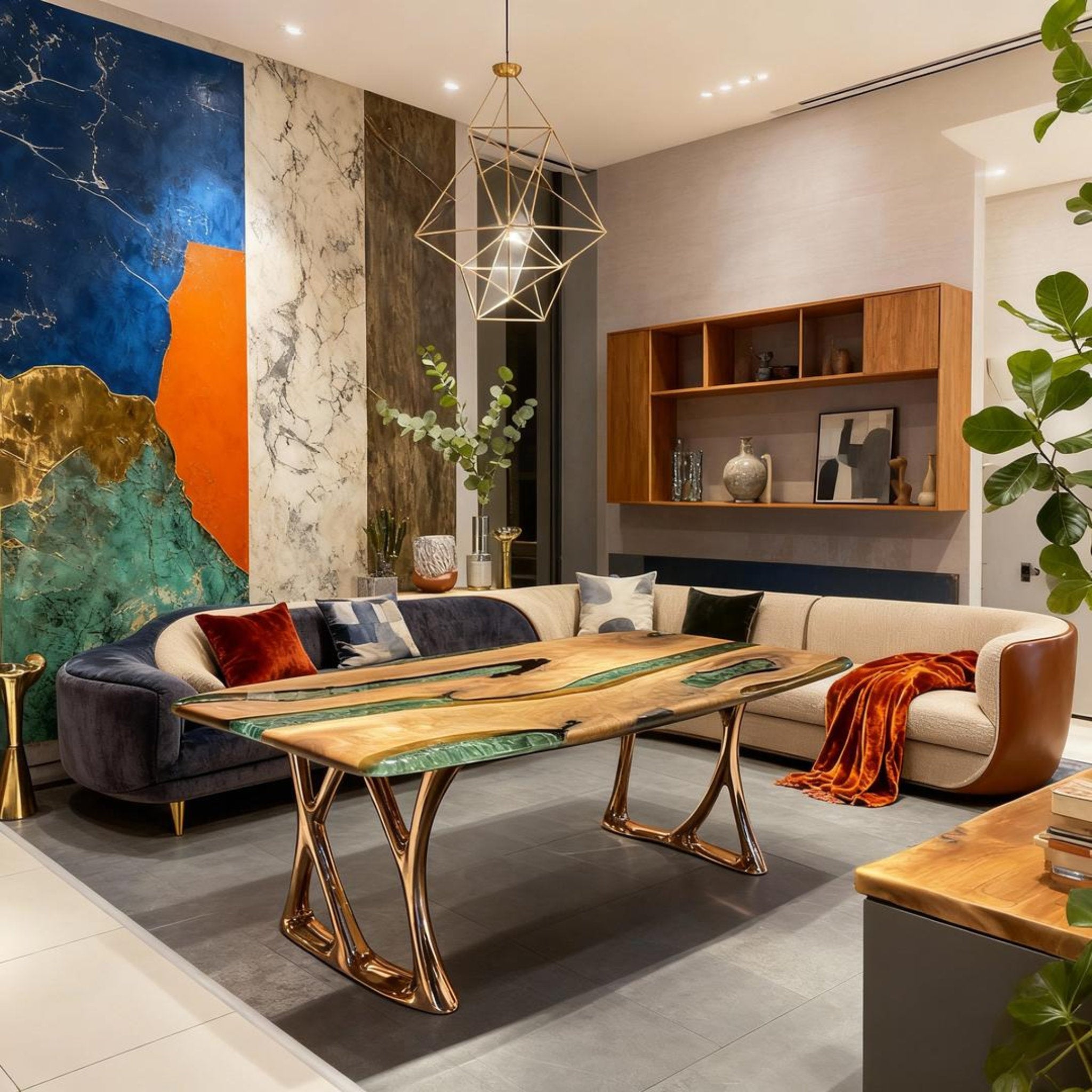 Table rivière personnalisée en résine époxy et noyer noir, couleur émeraude (VQS-638)