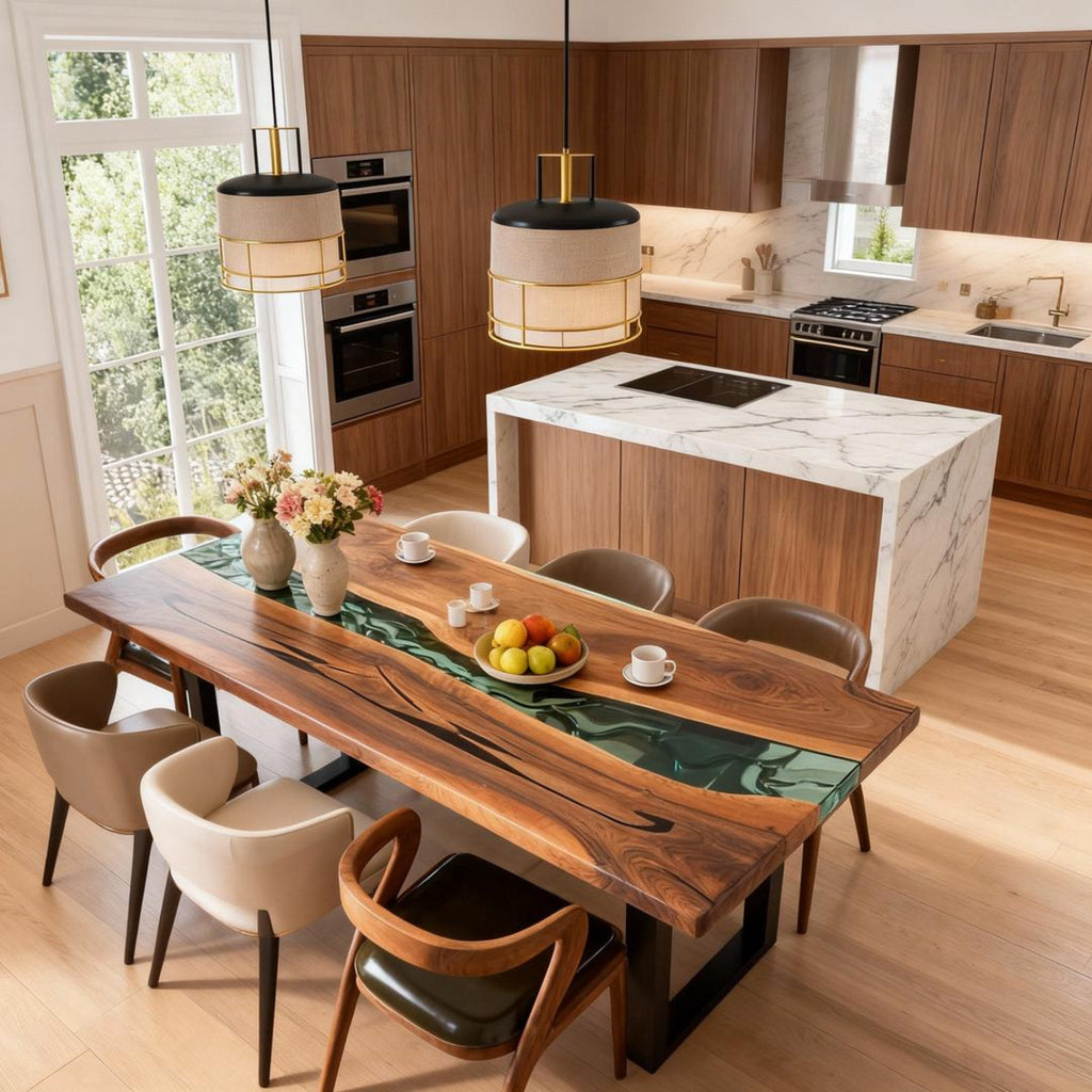 Table rivière personnalisée en résine époxy et noyer noir, vert verre de mer RKG-582