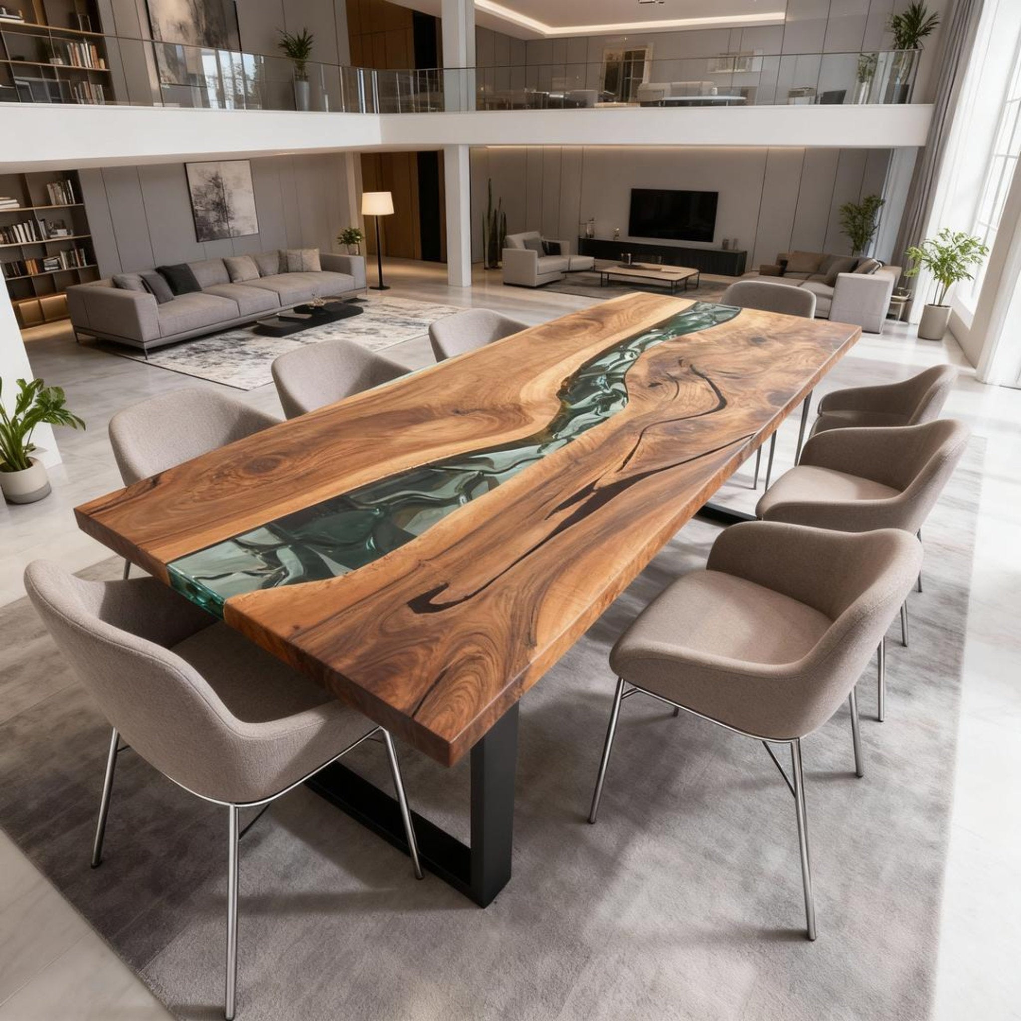 Table rivière personnalisée en résine époxy et noyer noir, vert verre de mer RKG-582