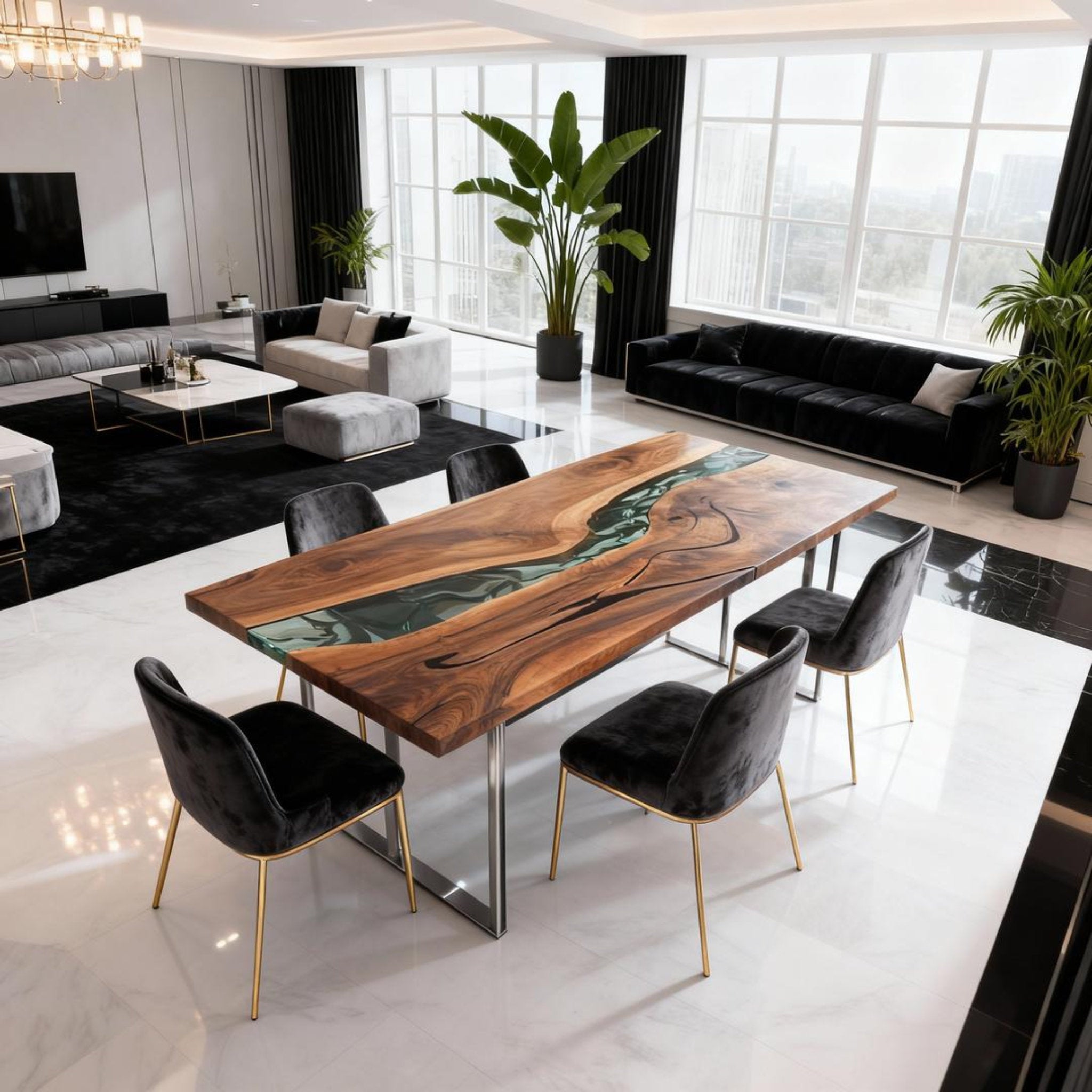 Table rivière personnalisée en résine époxy et noyer noir, vert verre de mer RKG-582