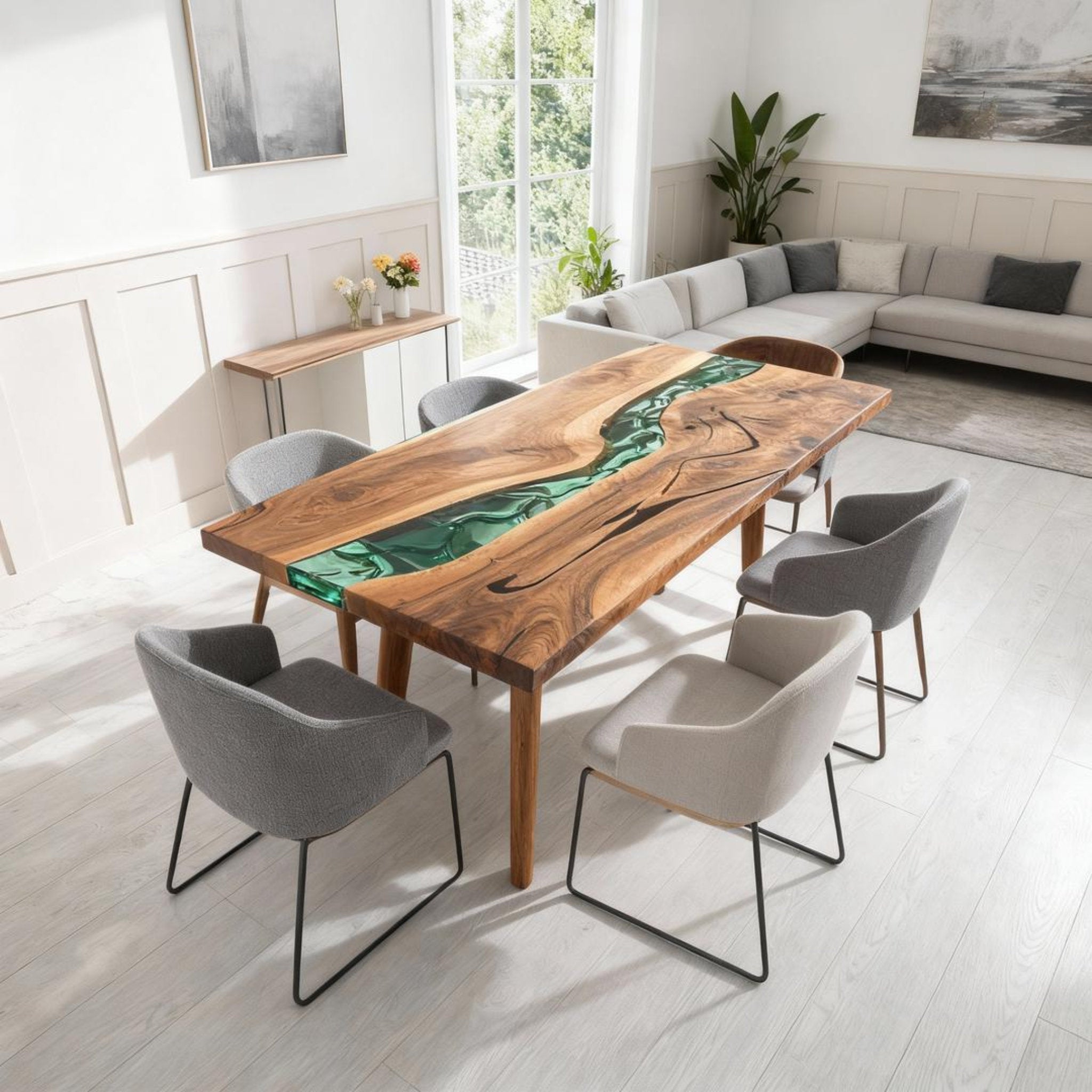 Table rivière personnalisée en résine époxy et noyer noir, vert verre de mer RKG-582