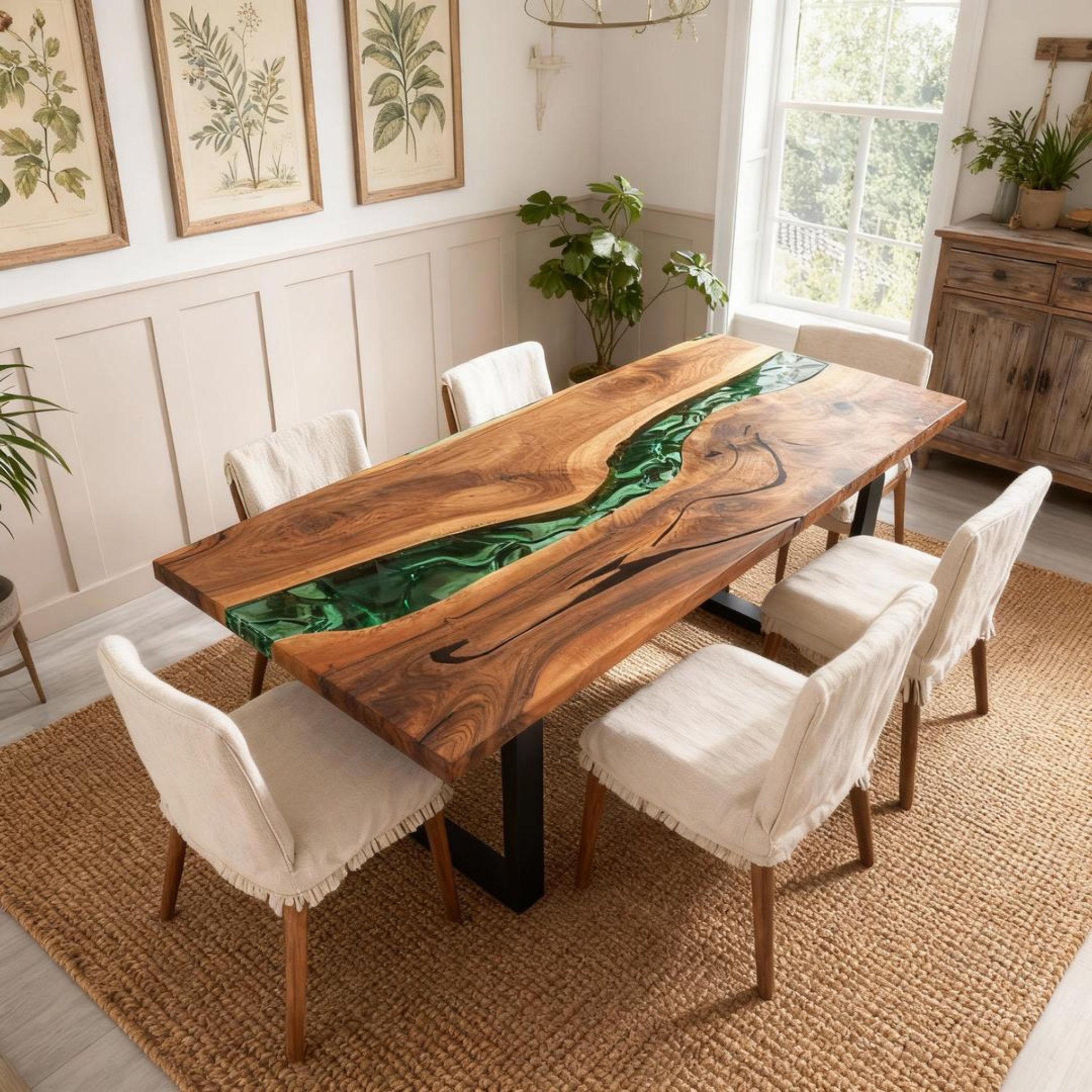 Table rivière personnalisée en résine époxy et noyer noir, vert verre de mer RKG-582