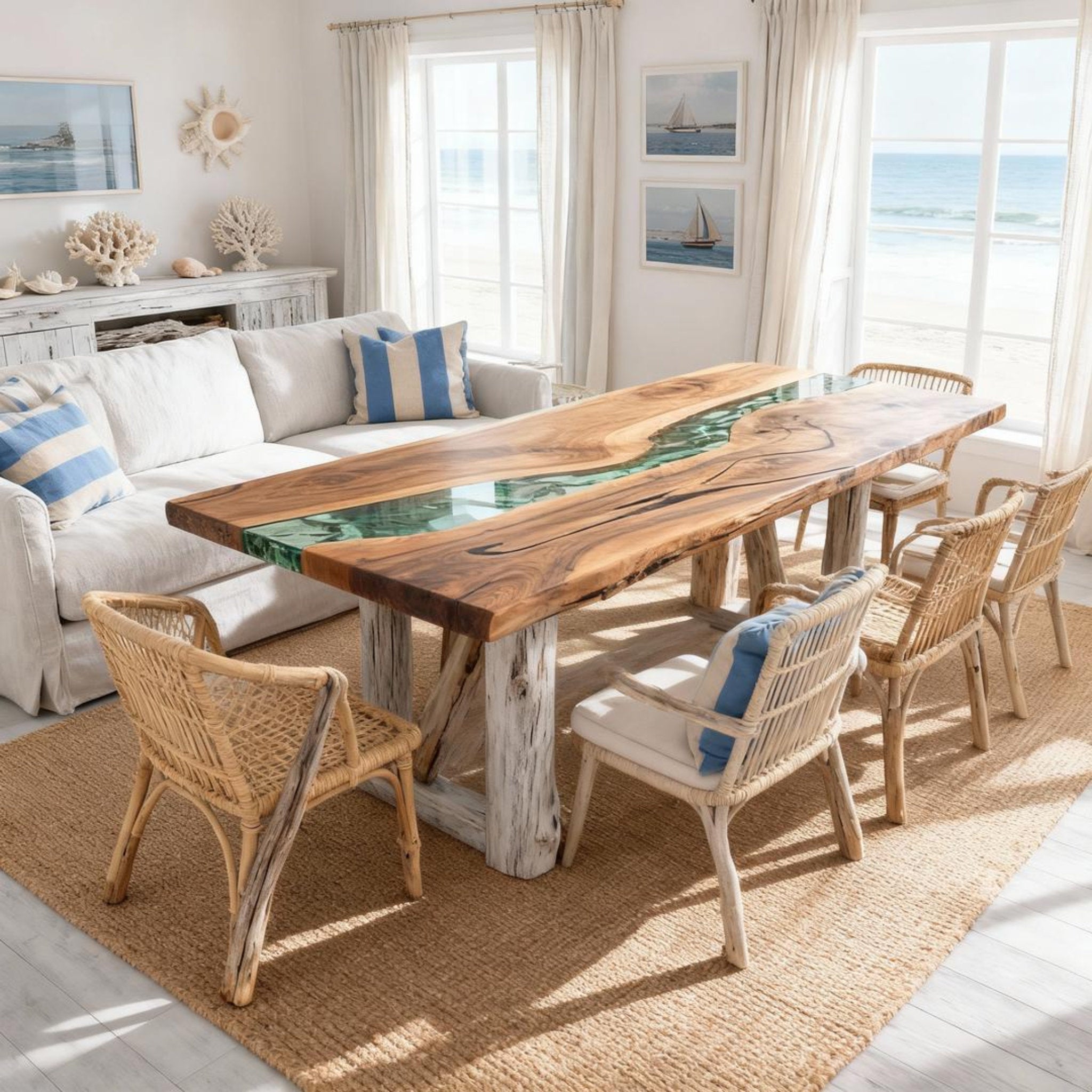 Table rivière personnalisée en résine époxy et noyer noir, vert verre de mer RKG-582