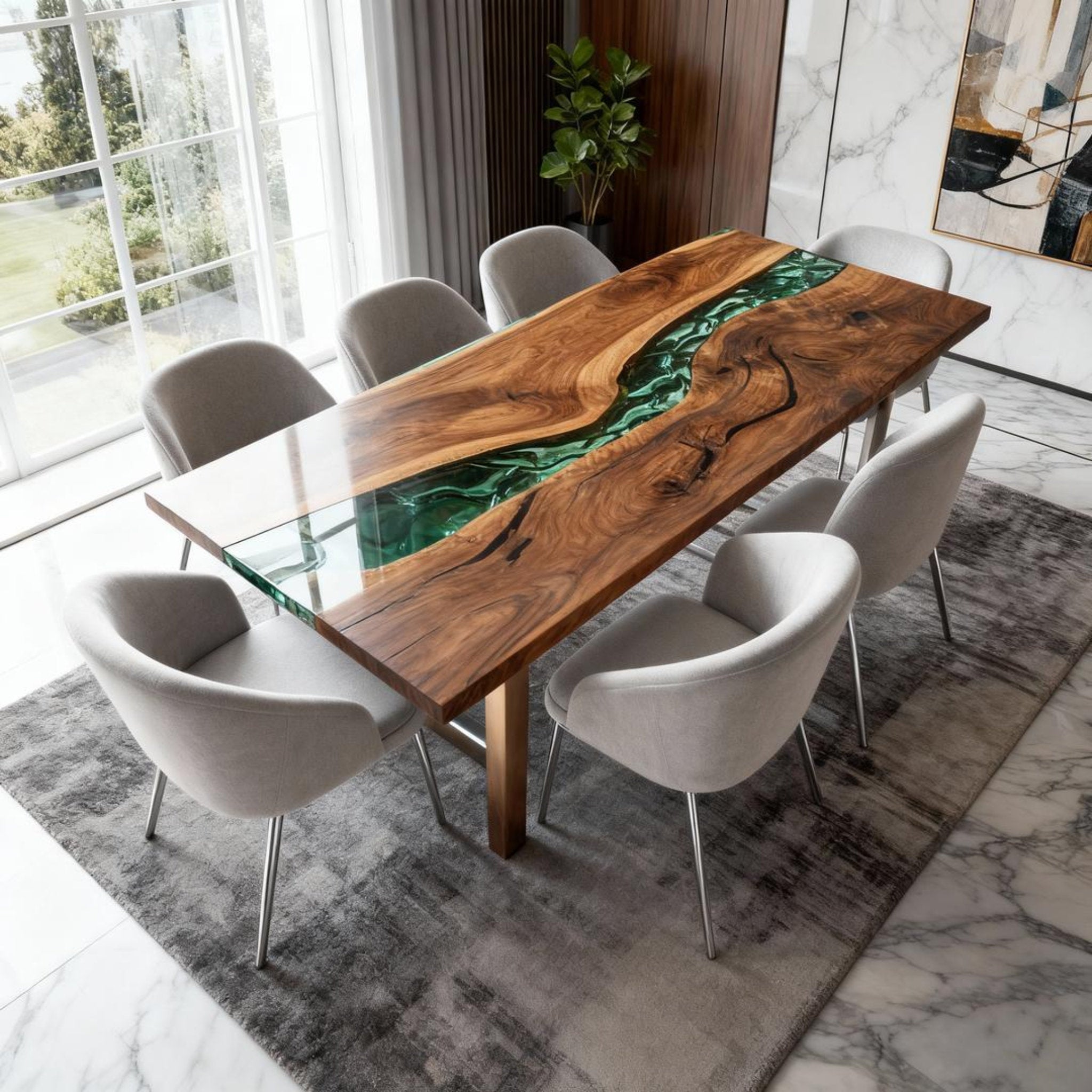 Table rivière personnalisée en résine époxy et noyer noir, vert verre de mer RKG-582