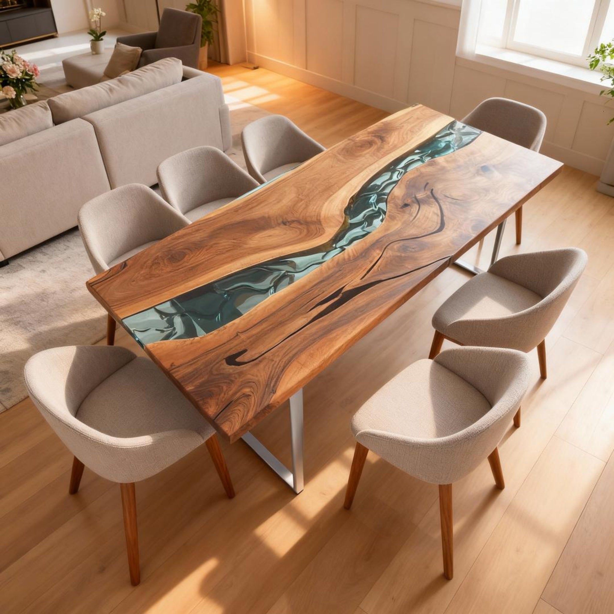 Table rivière personnalisée en résine époxy et noyer noir, vert verre de mer RKG-582